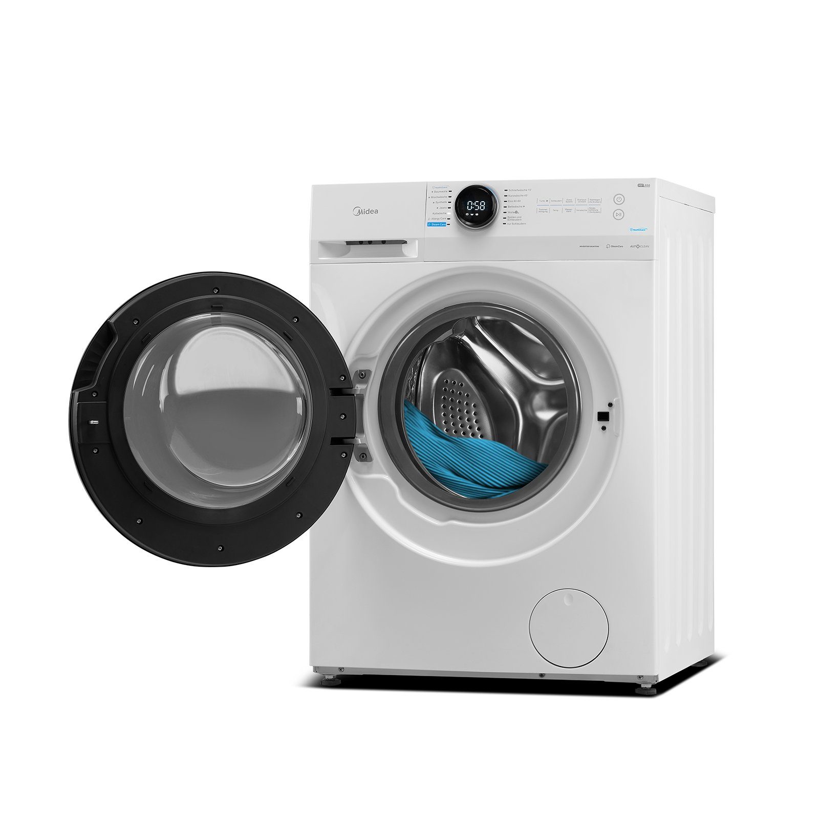 Midea Waschmaschine MF200W80B-E, 8 kg, 1400 U/min,48cm tief, Steam Care, Nachlegefunktion, Schnellwäsche