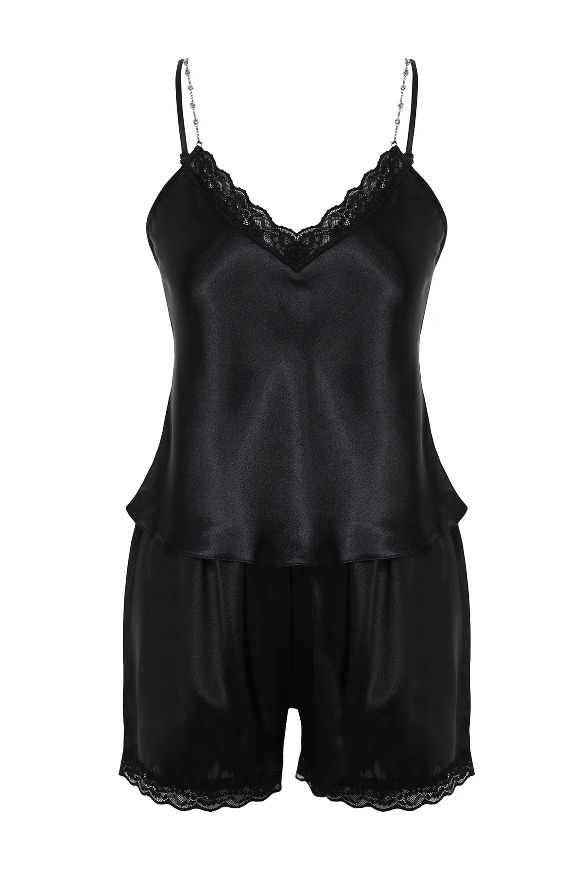 Trendyol Collection  Schwarzes Pyjama-Set aus gewebtem Satin mit Ketten- und Spitzendetail THMSS24PT00110