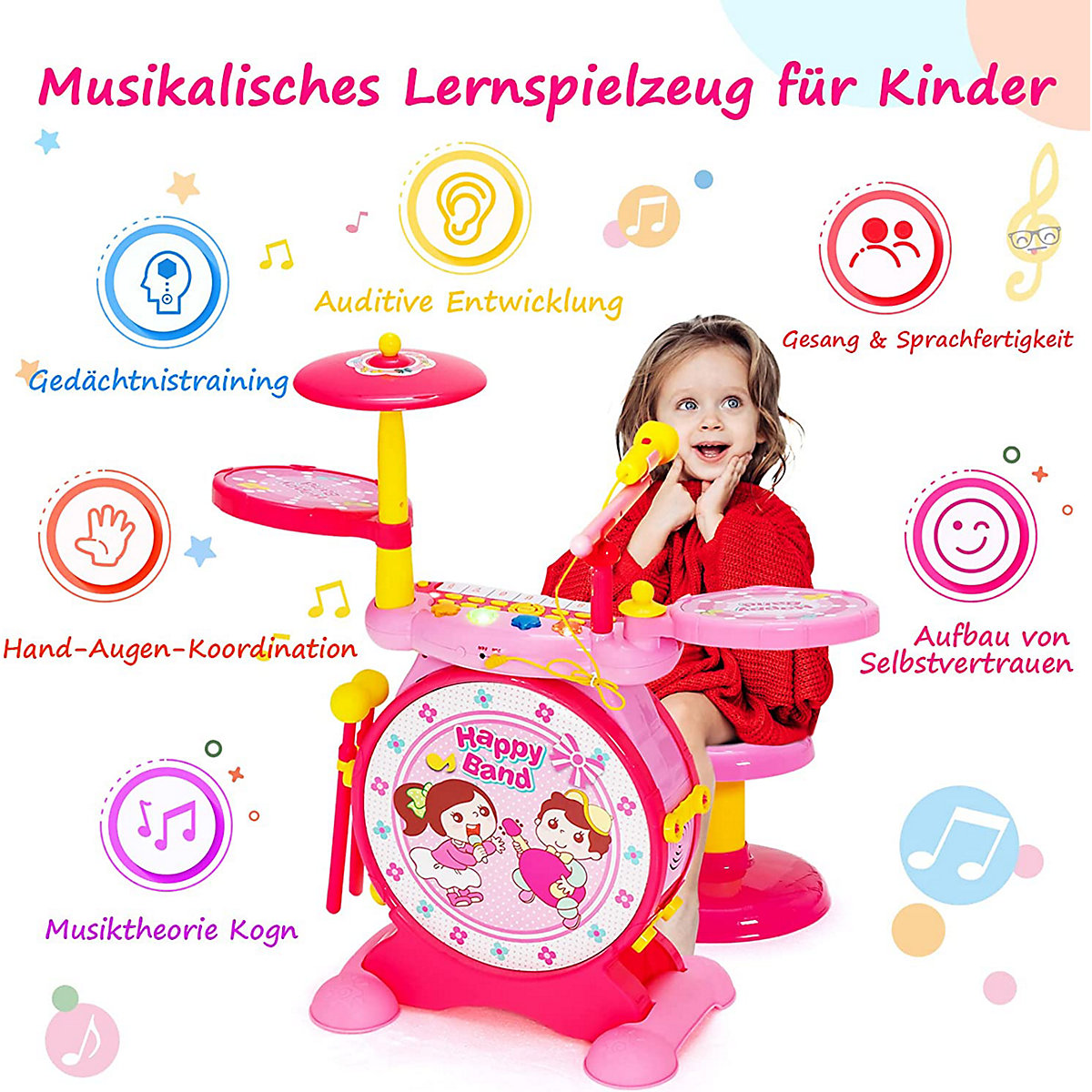 E Trommel mit Keyboard mit Hocker & Mikrofon & LED