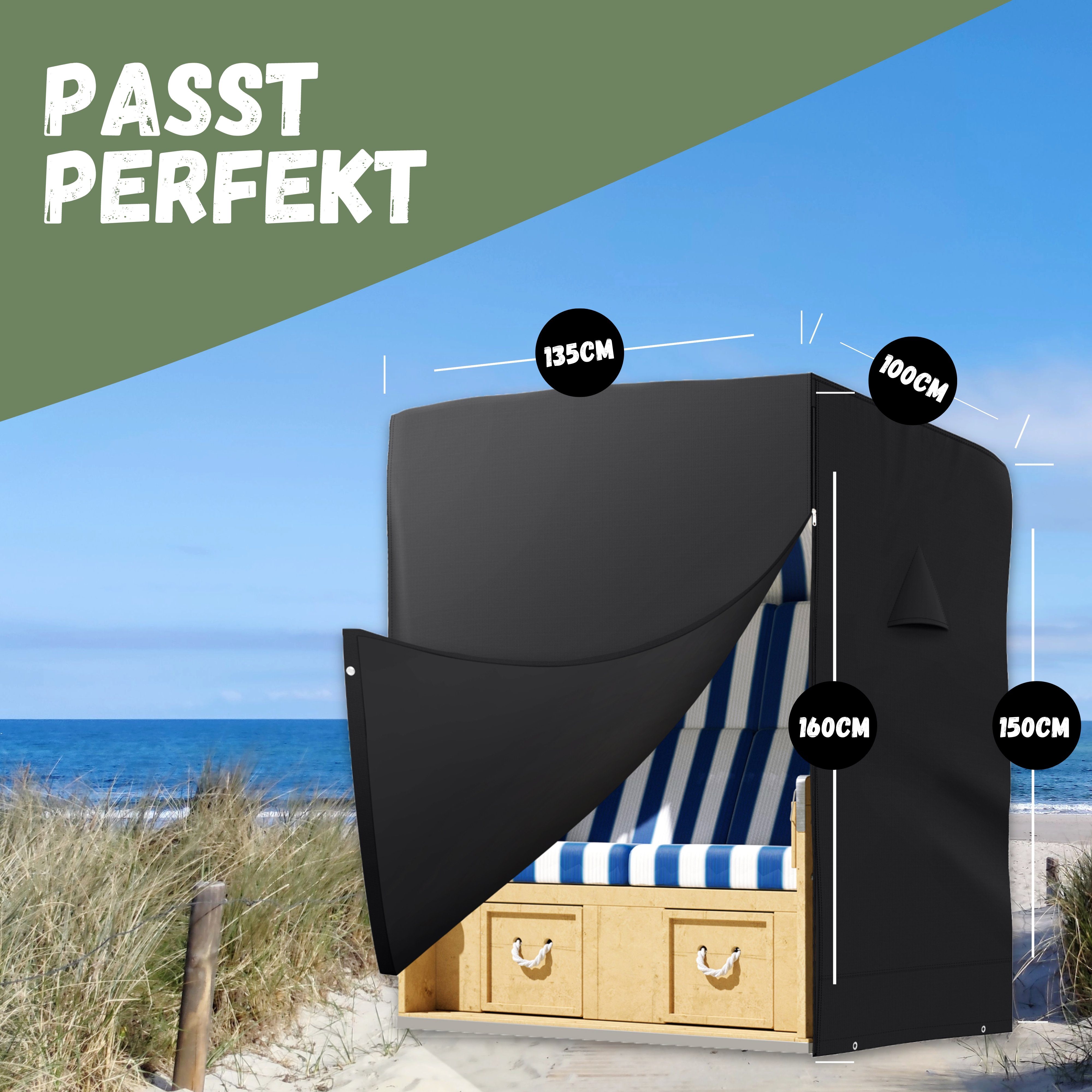 riijk Strandkorb-Schutzhülle Strandkorbhülle winterfest 600D Oxford Gewebe wasserdicht UV beständig, 135 cm breit, Gartenmöbel Abdeckung