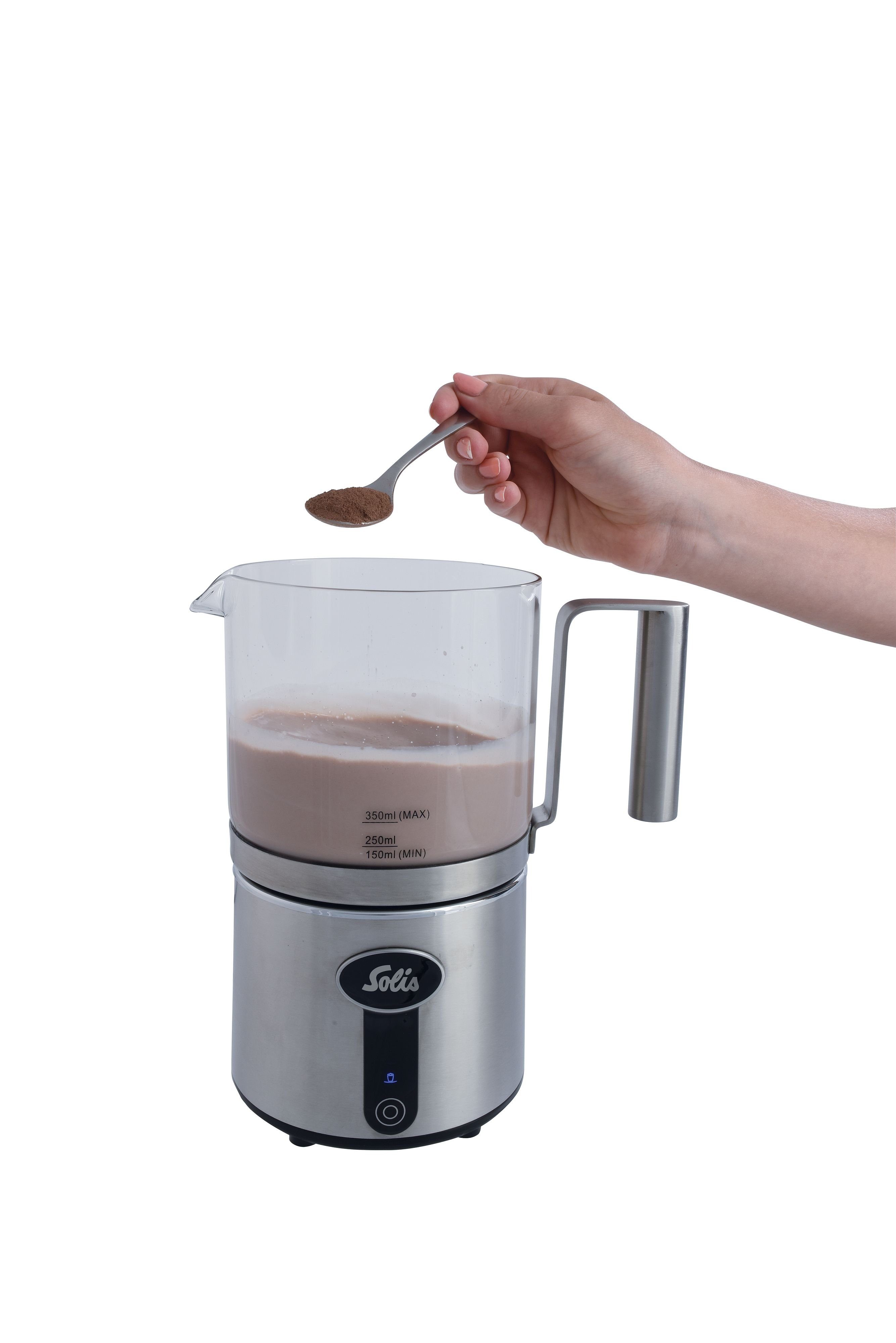 SOLIS OF SWITZERLAND Milchaufschäumer erhitzen Tyo, 600 W, 350 ml Glaskrug, 5 Funktionen, Quirl