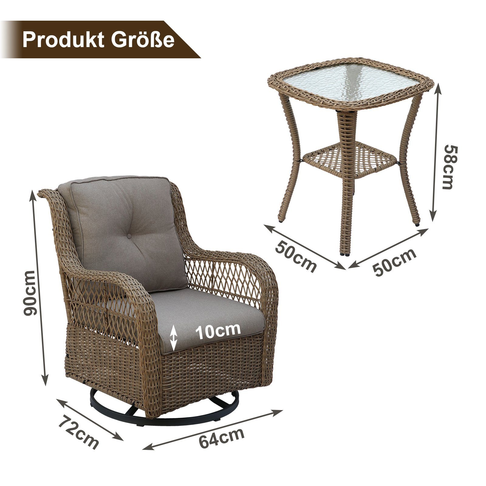 BIGTREE Rattanstuhl 3tlg.Drehbarer Sofasessel+Doppelter Tisch, 2 Farben