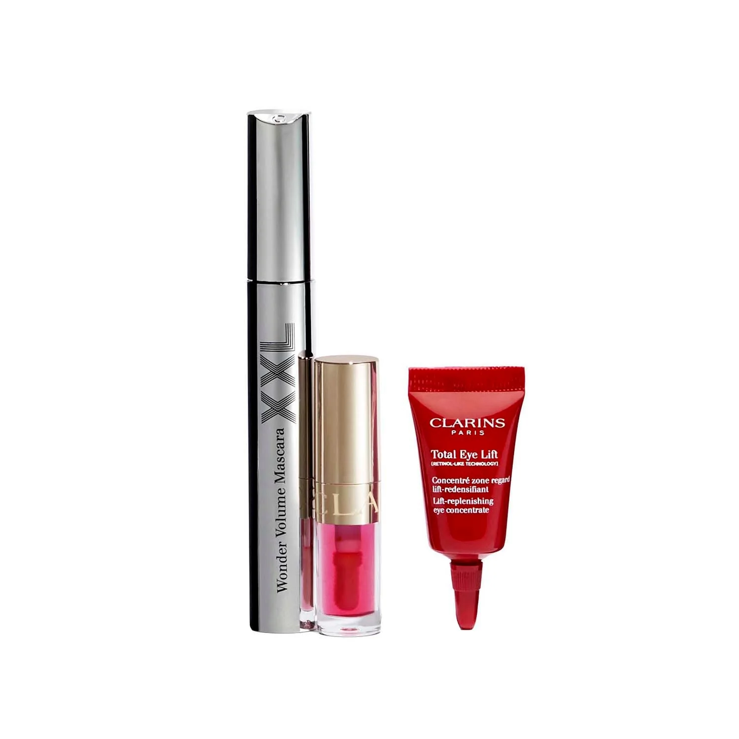 Set XXL para ojos: set de maquillaje, máscara de pestañas, brillo labial, tratamientos antibolsas y para ojeras.
