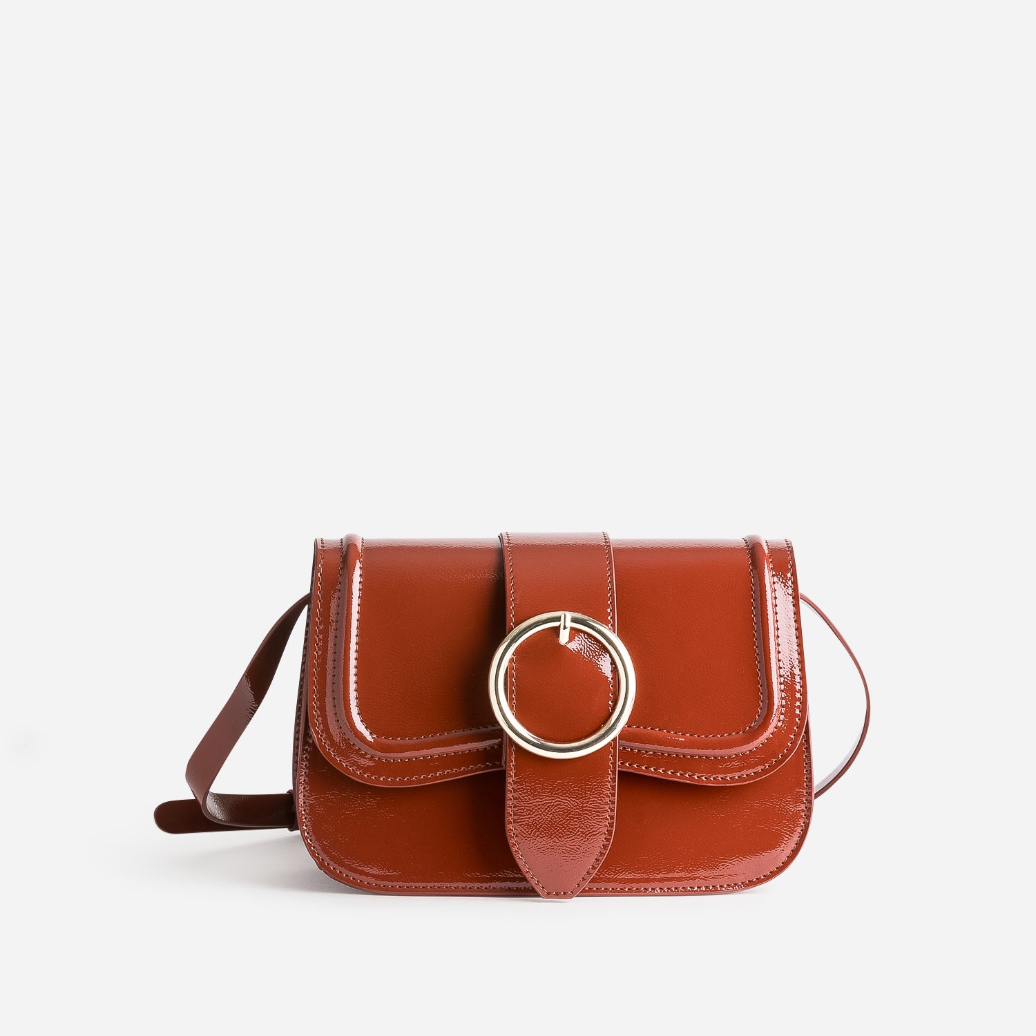 Sac à main cognac verni maxi boucle ronde