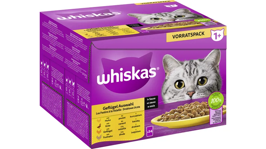 Whiskas® Portionsbeutel Vorratspack 1+ Geflügel Auswahl in Sauce Katzennassfutter 2040 g