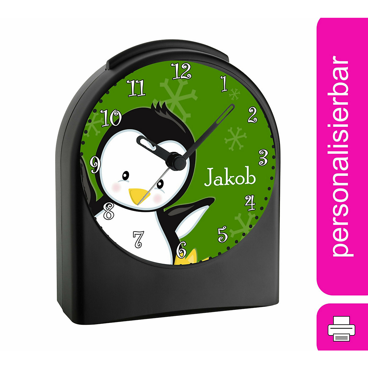 Kinder Funkwecker personalisiert mit Namen Pinguin Atom-/Funkuhr, 12-Stunden-Anzeigeformat, Schlummerfunktion, Nachtlicht, Geräuschlos/Ohne Ticken