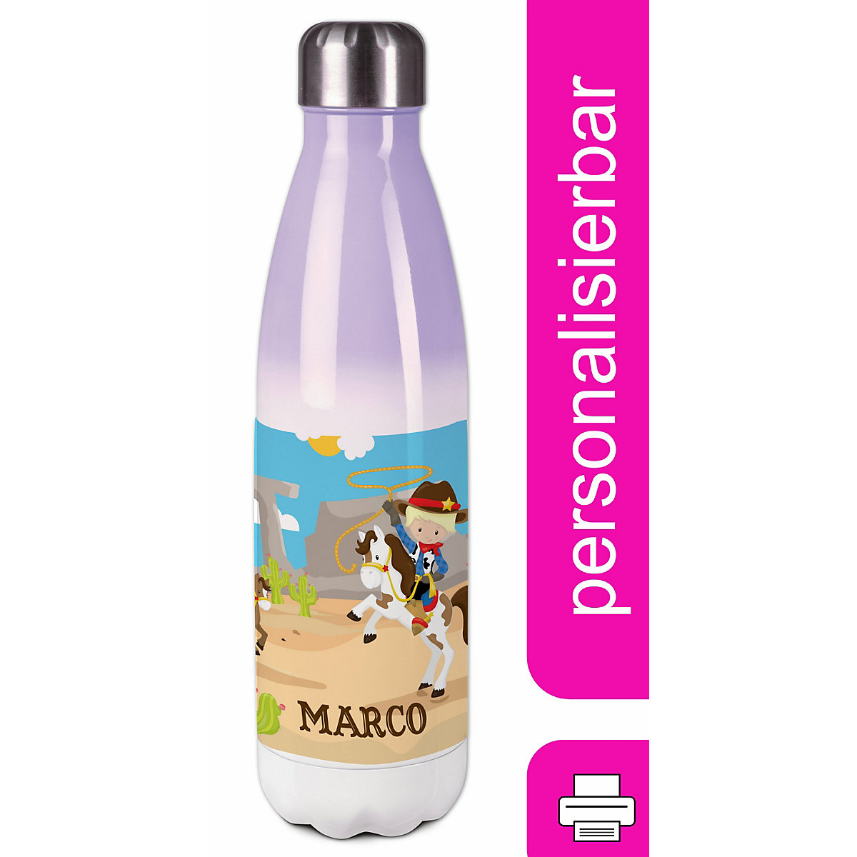 Edelstahl Kinder Thermoflasche / Trinkflasche bunt Cowboy Spülmaschinenfest, Auslaufsicher, Bruchfest, Doppelwandig, Für Heißgetränke geeignet, Mit Deckel, Isoliert