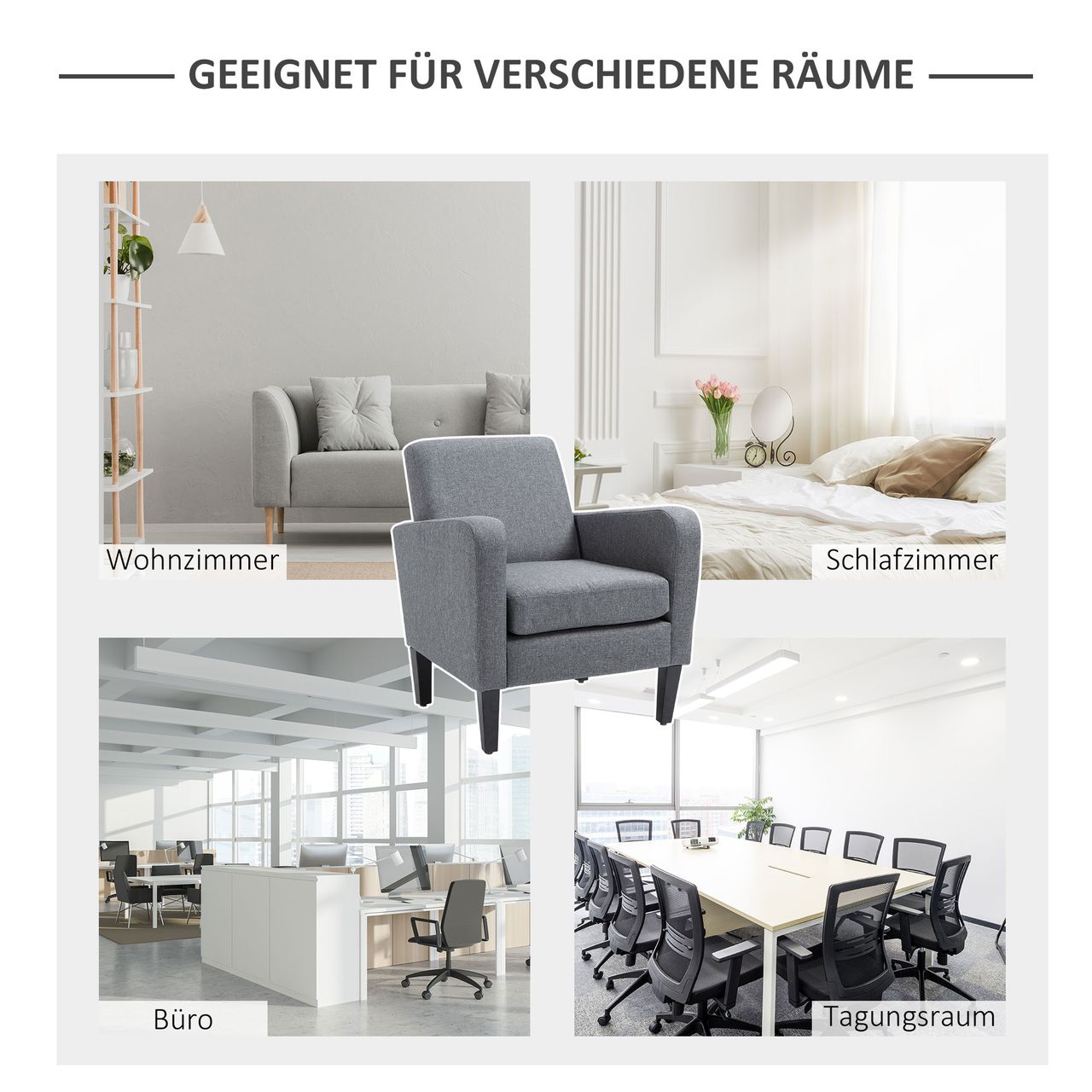 HOMCOM Einzelsessel Relaxsessel Einzelstuhl Polstersessel Holzfüße Leinenstoff Hellgrau 66 x 72 x 74 cm