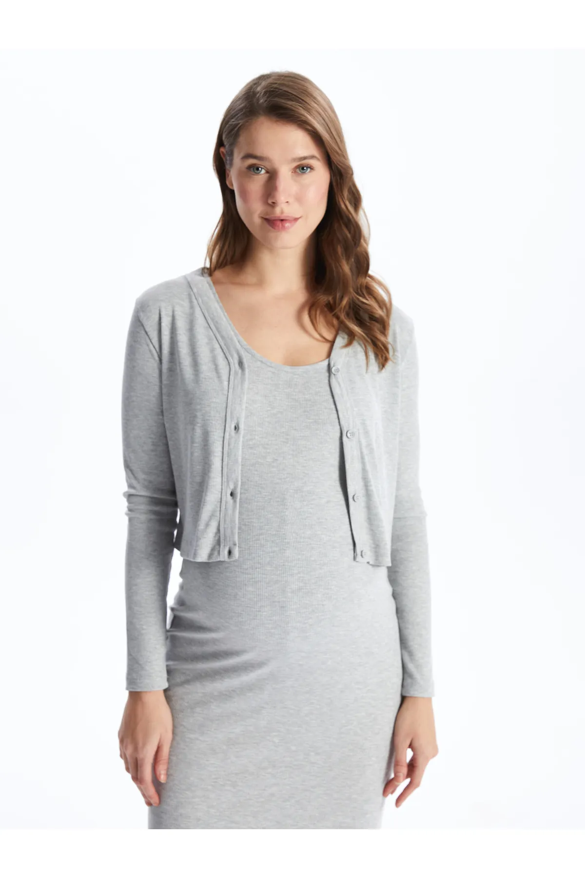 LC Waikiki  Set aus geradem, langärmligem Umstandskleid und Strickjacke mit Rundhalsausschnitt