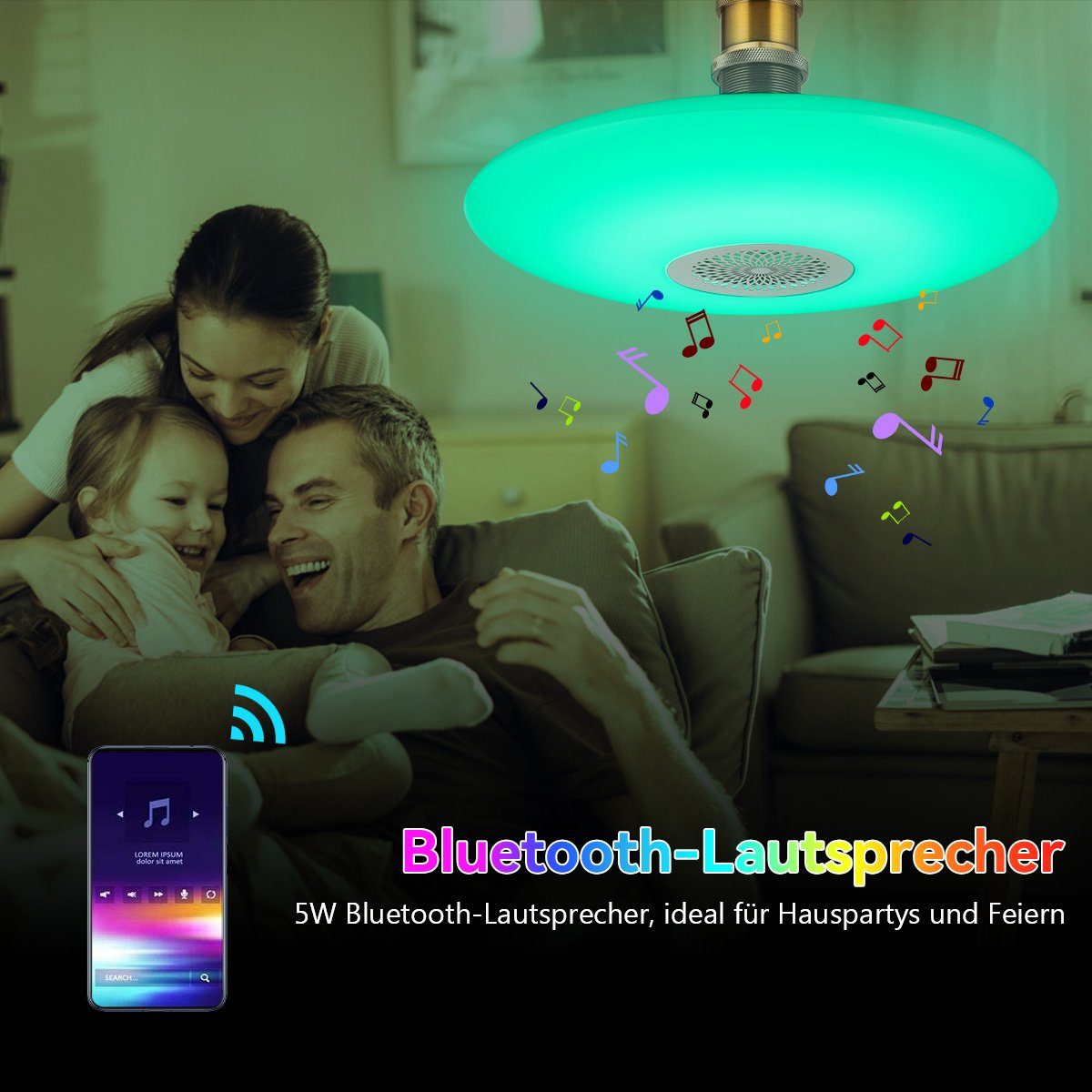 oyajia Deckenleuchte 48W E27 LED Deckenlampe mit Bluetooth Lautsprecher, mit Fernbedienung, LED fest integriert, RGB, Dimmbar LED RGB Lampe Leuchtmittel, für Home Stage Party Weihnachtsdeko
