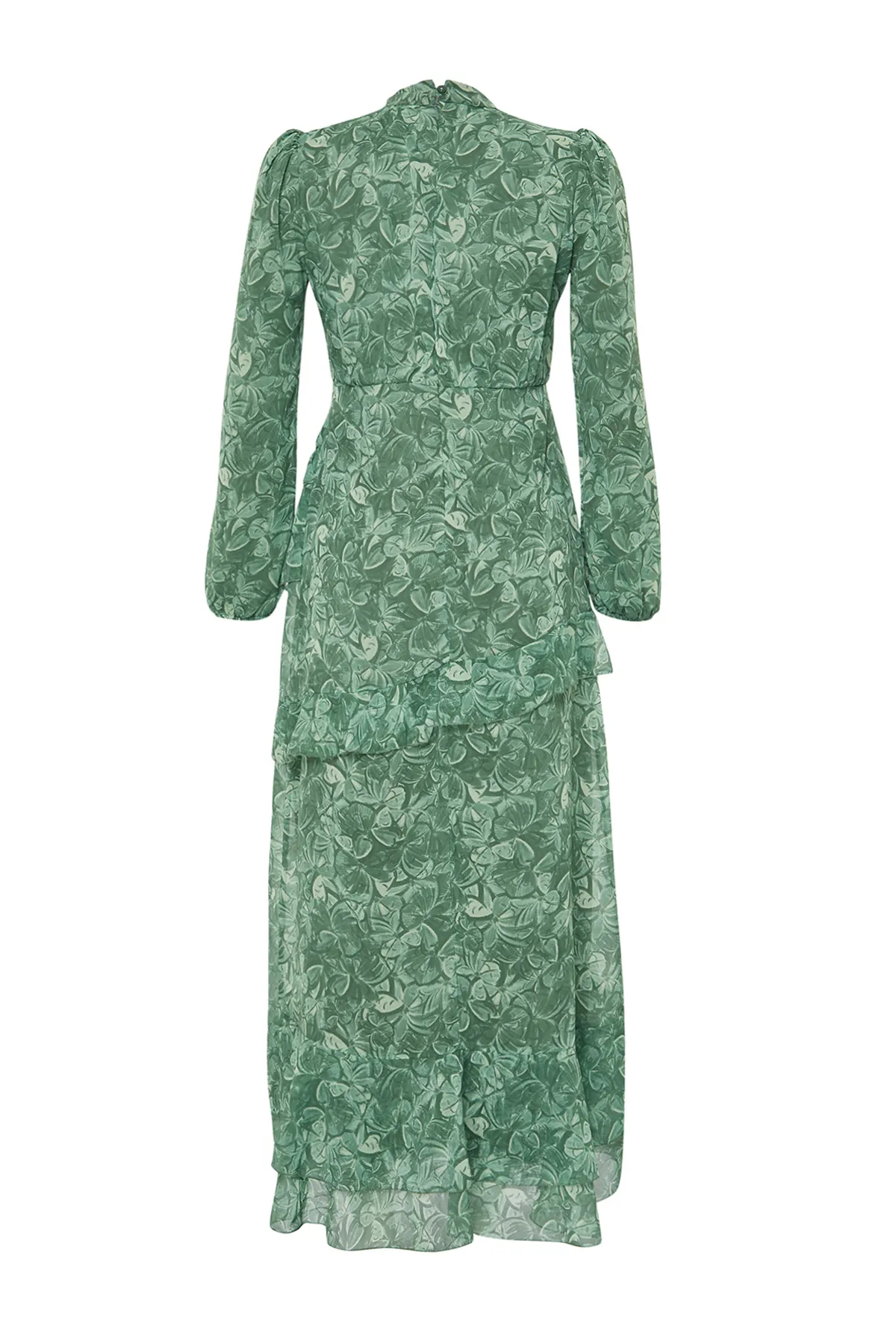 Trendyol Modest  Khakifarbenes Kleid aus gewebtem Chiffon mit Blumenrock und Rüschenfutter TCTSS23EB00160
