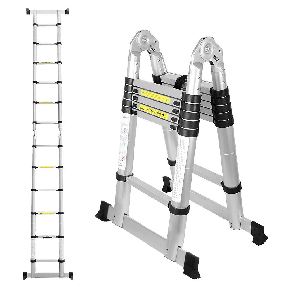 Lospitch Teleskopleiter Teleskopleiter Alu 1.9+1.9m Ausziehleiter Anlegeleiter Silber