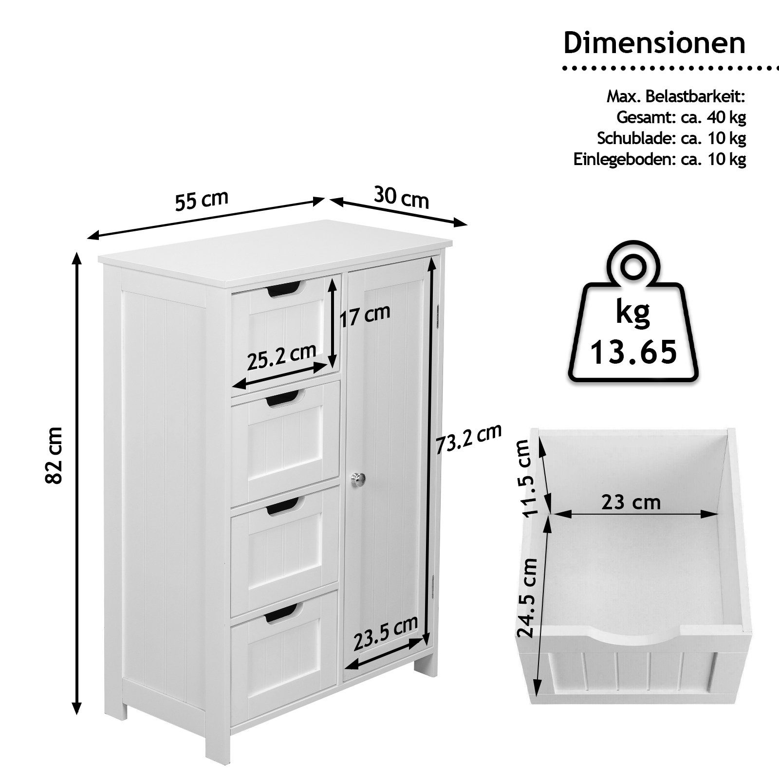 MIADOMODO Badkommode Badezimmerschrank - Weiß, MDF, Verstellbare Regalebenen, 55x30x82cm