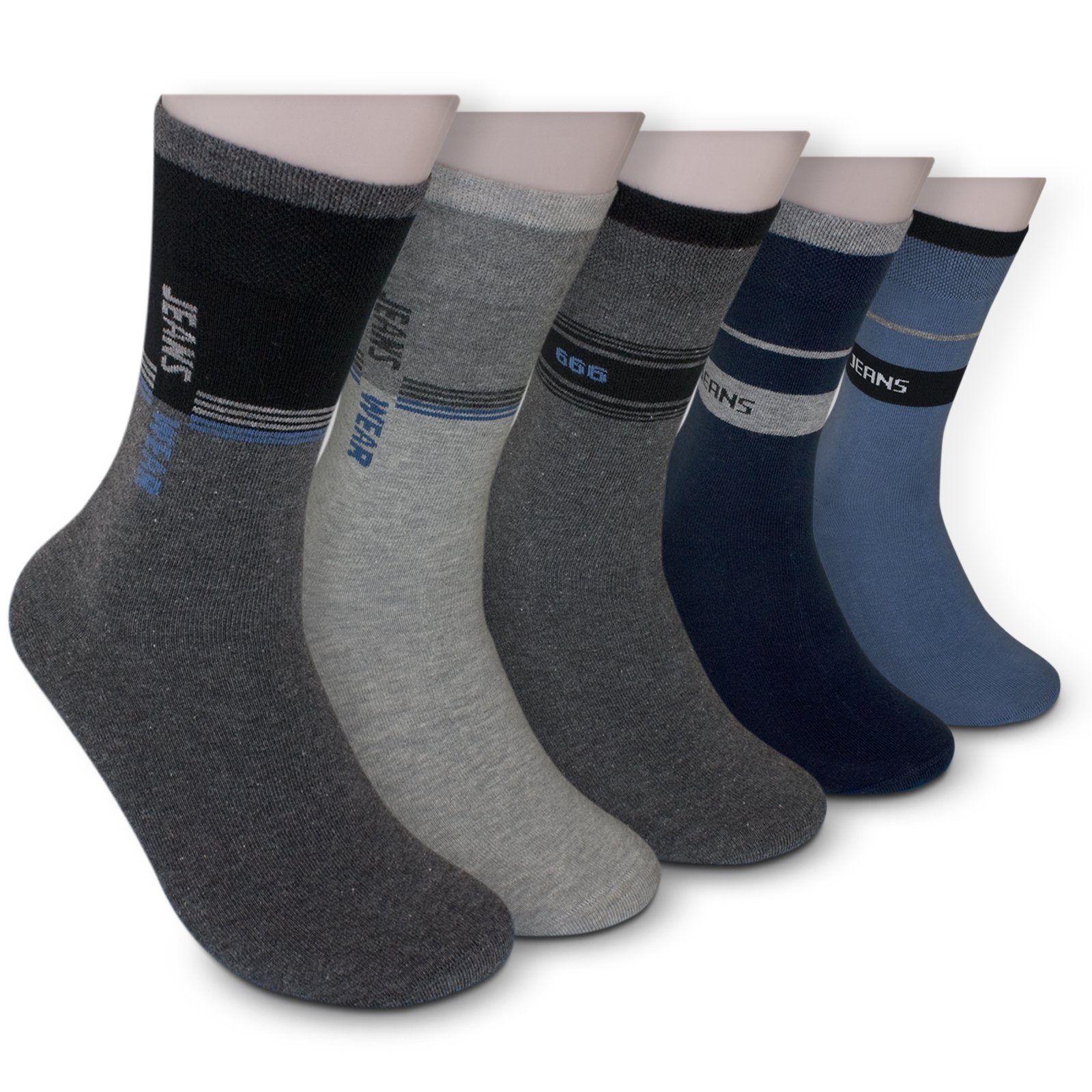 Die Sockenbude Basicsocken JEANS (Bund, 5-Paar, blau grau schwarz) mit Komfortbund ohne Gummi