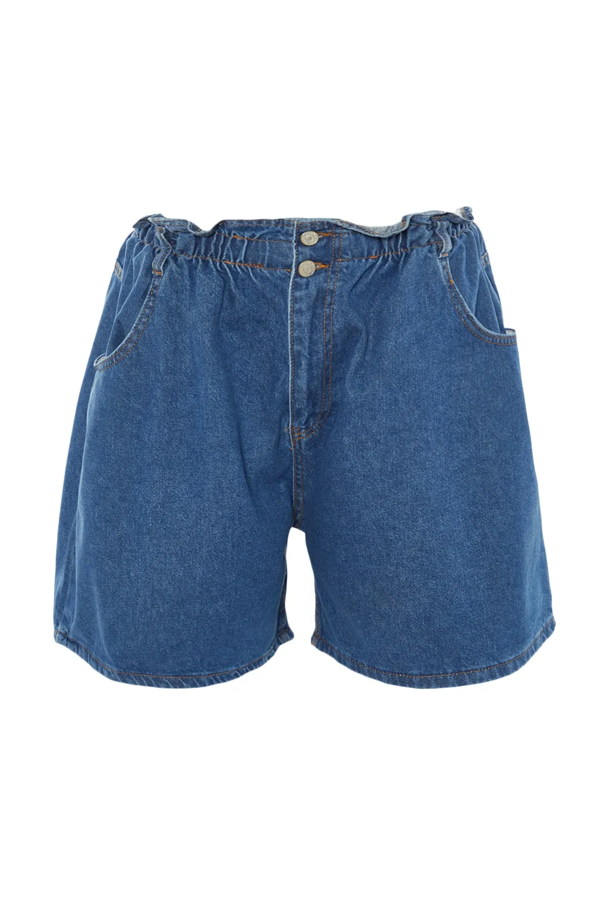 Trendyol Curve  Blaue Denim-Shorts mit hoher Taille, elastischem Bund und Knöpfen vorne und weitem Schnitt TBBSS22JE00015