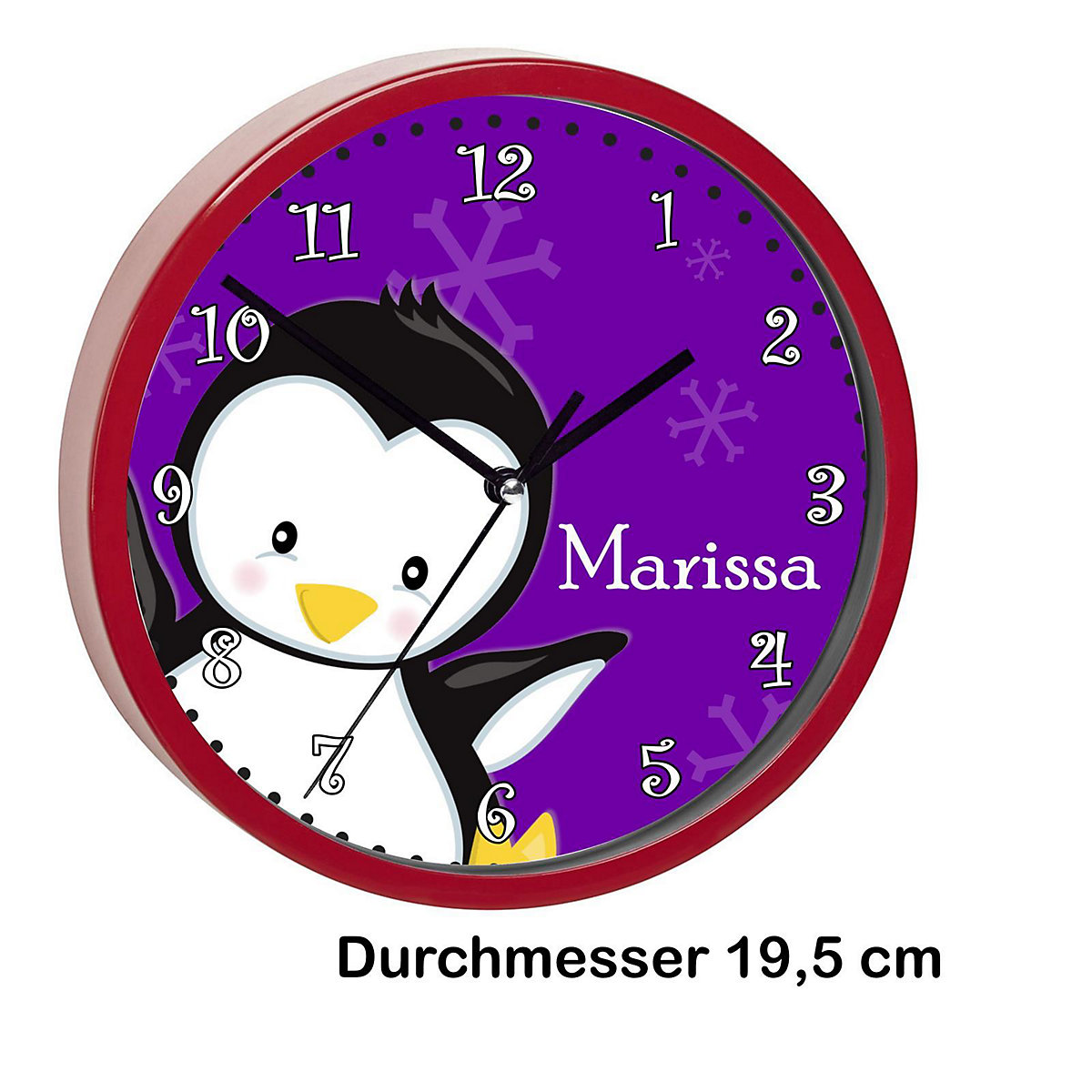 Kinder Wanduhr personalisiert mit Name Pinguin lila