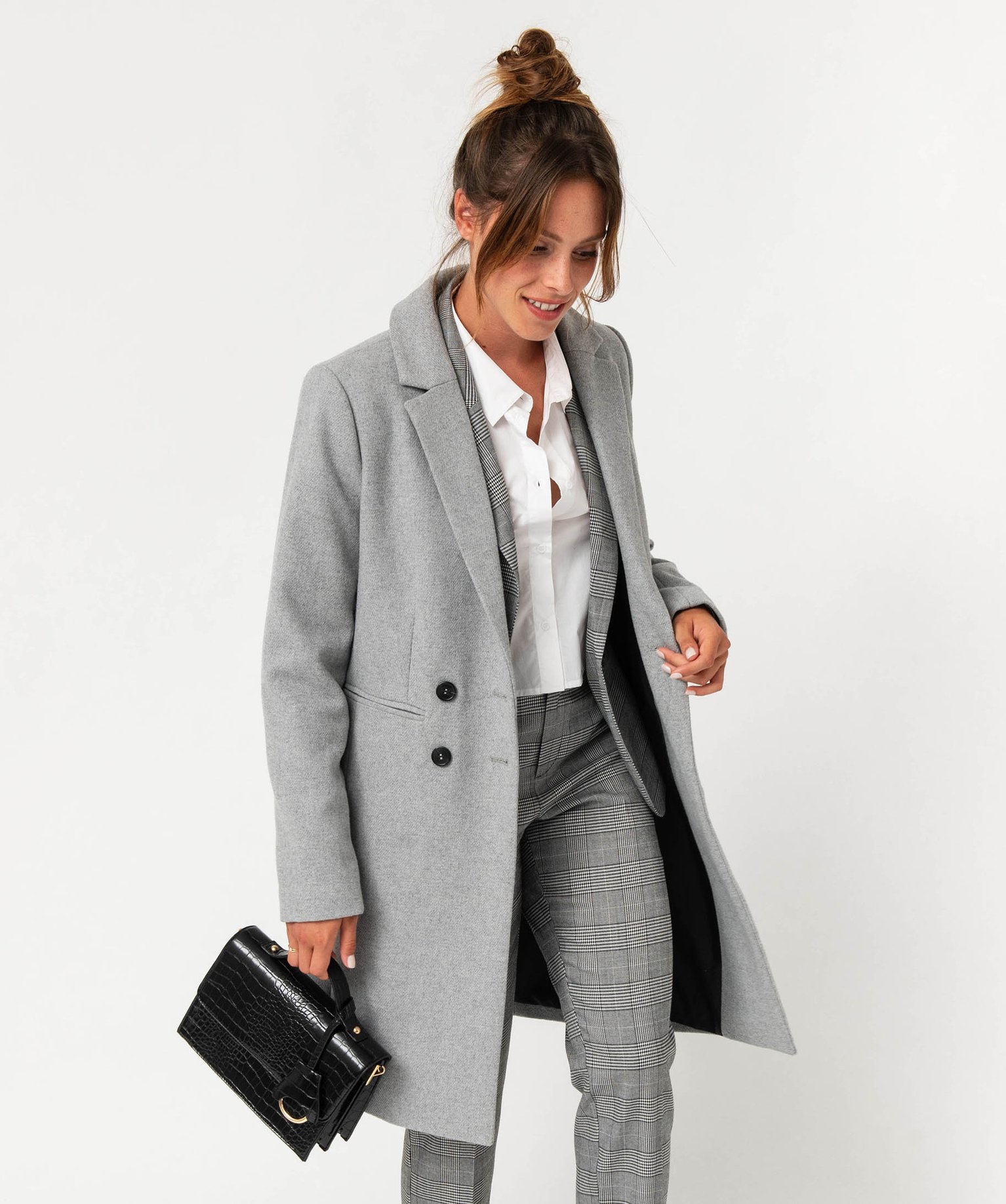 Manteau long droit en laine à double boutonnage femme gris clair | GEMO