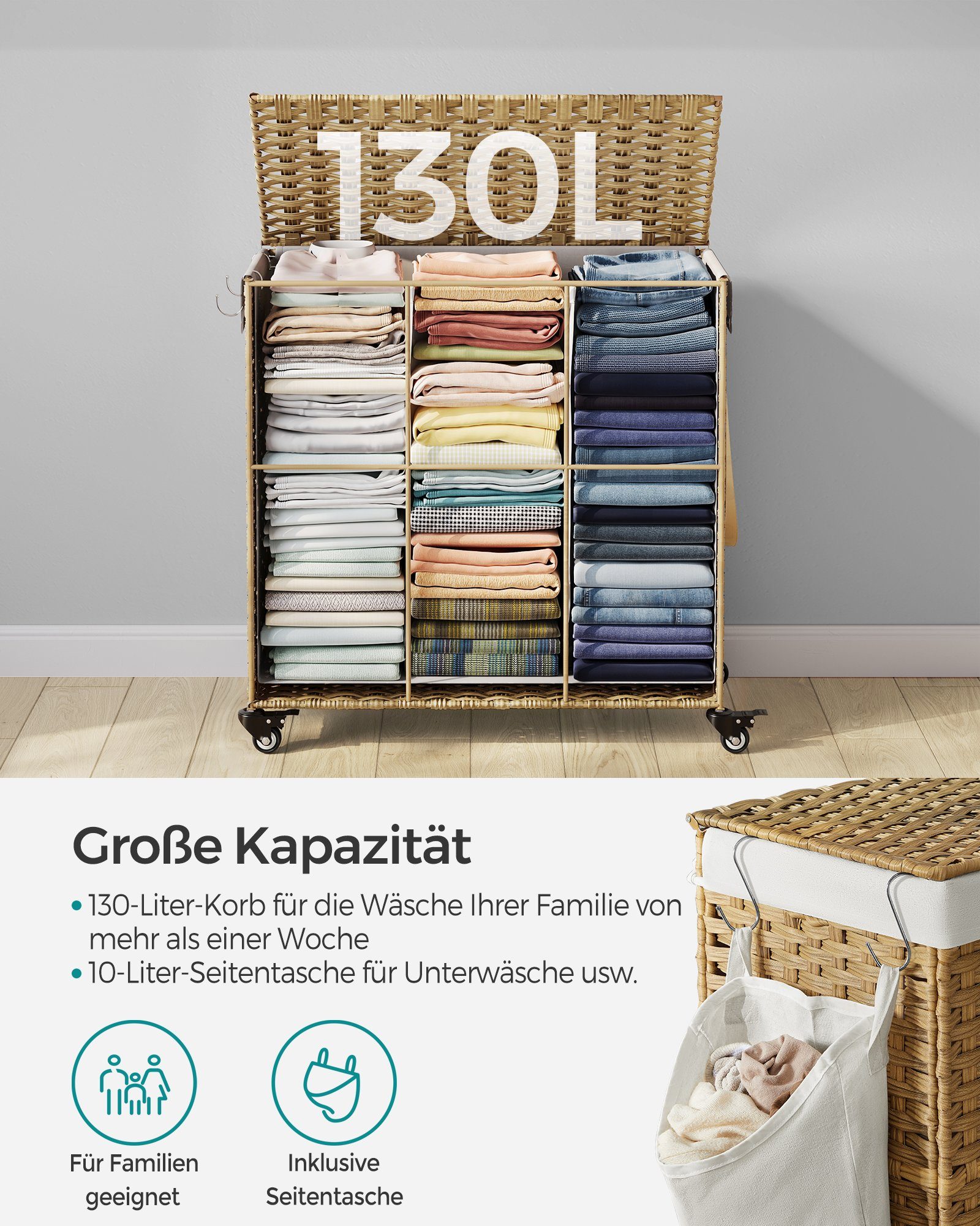 SONGMICS Wäschekorb, 140 L, mit 3 Fächern, herausnehmbare Tasche, Griffe