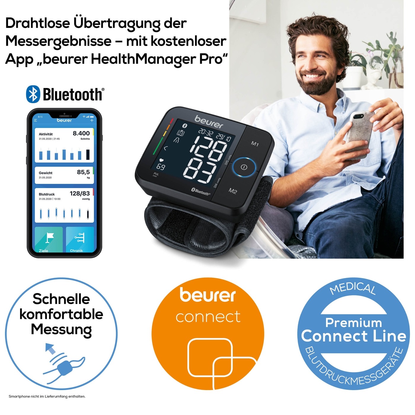 Beurer Handgelenk-Blutdruckmessgerät BC 54 <i>Bluetooth</i>®-Handgelenk-Blutdruckmessgerät mit App & Inflation Technology