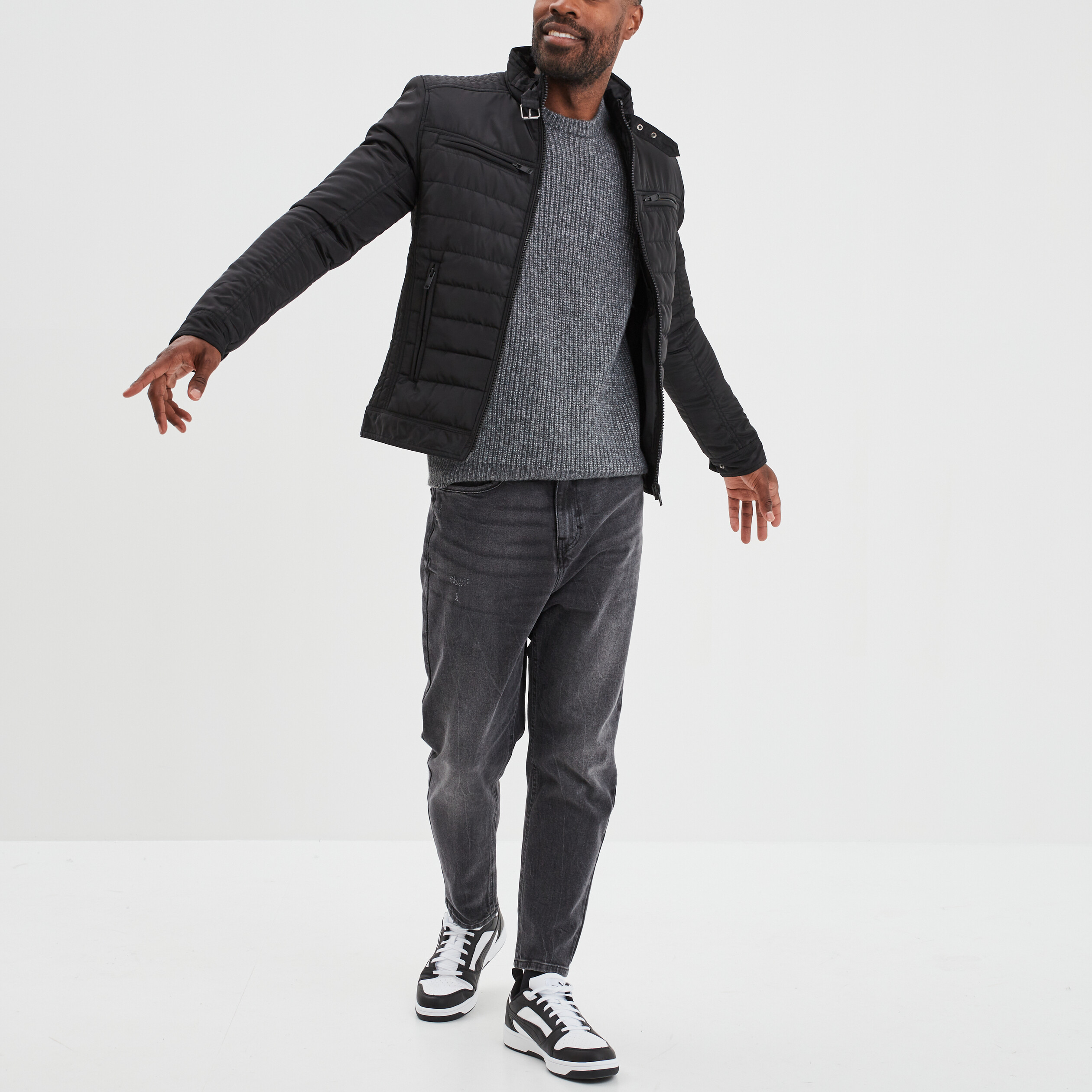 Pull col rond manches longues gris foncé homme | La Halle