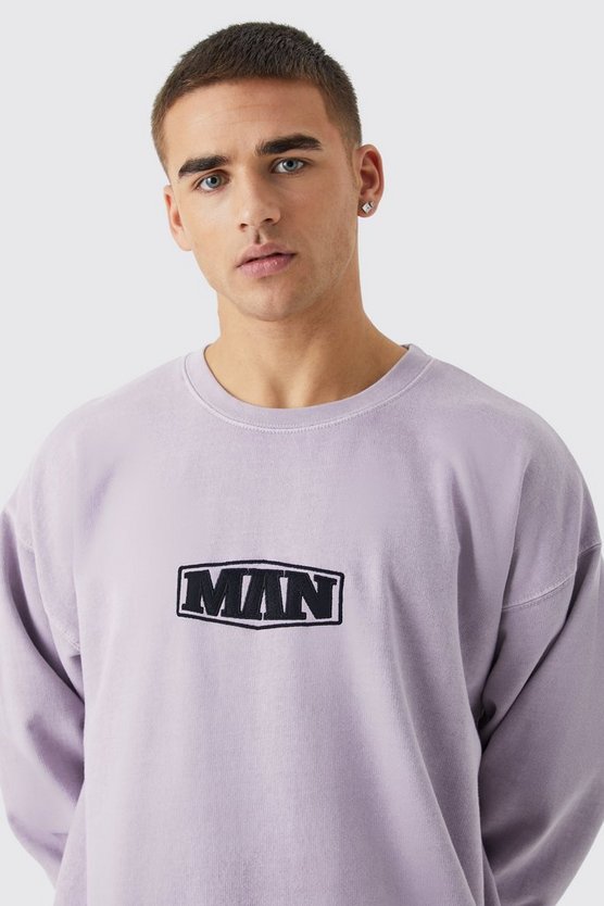 Oversize Sweatshirt mit Man-Stickerei und Acid-Waschung