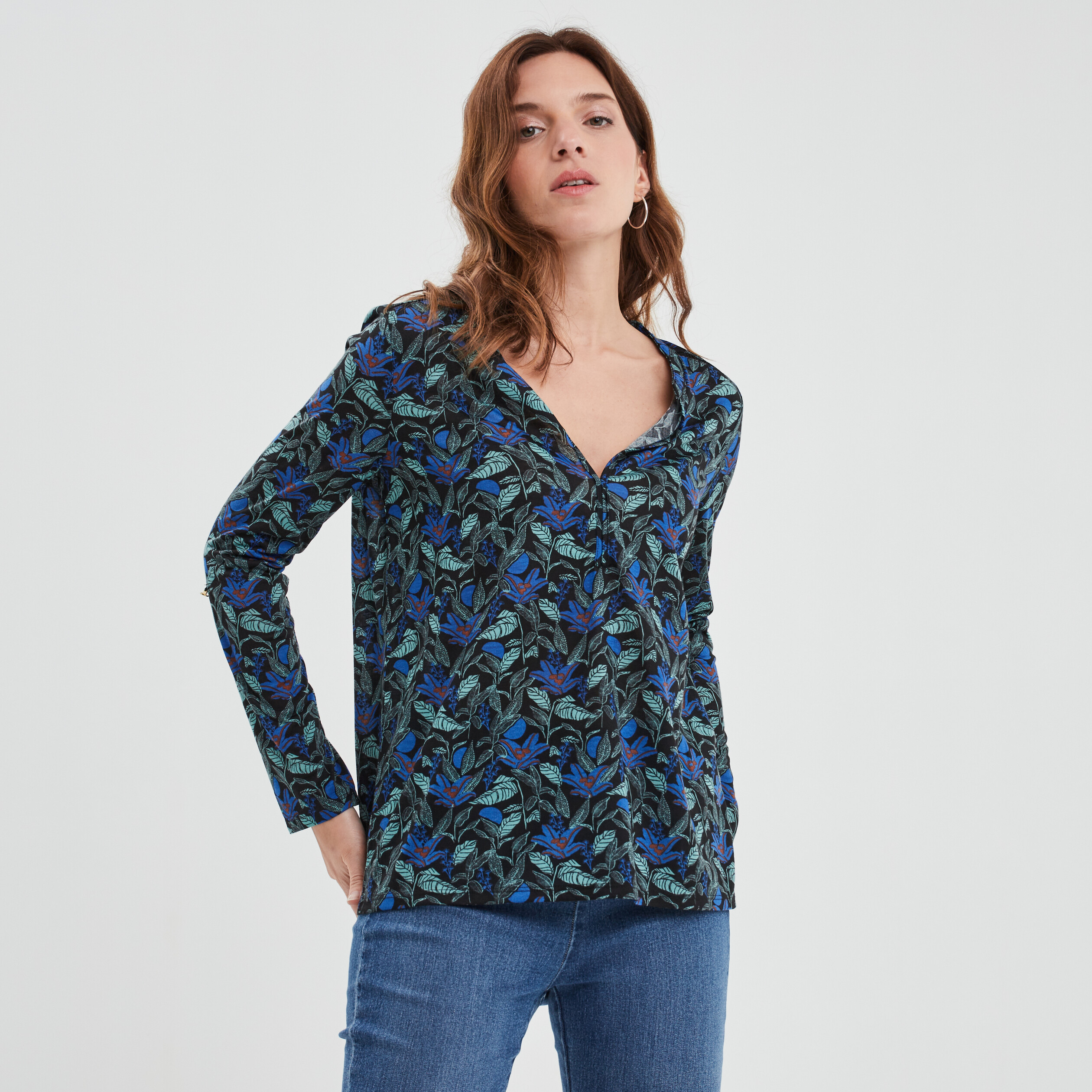 T-shirt manches longues à revers vert femme | La Halle