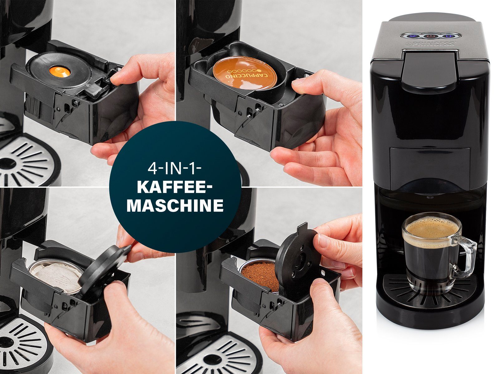 PRINCESS Kapselmaschine, auch für Kaffee-Pulver mit abnehmbarem Wassertank Kaffeemaschine klein