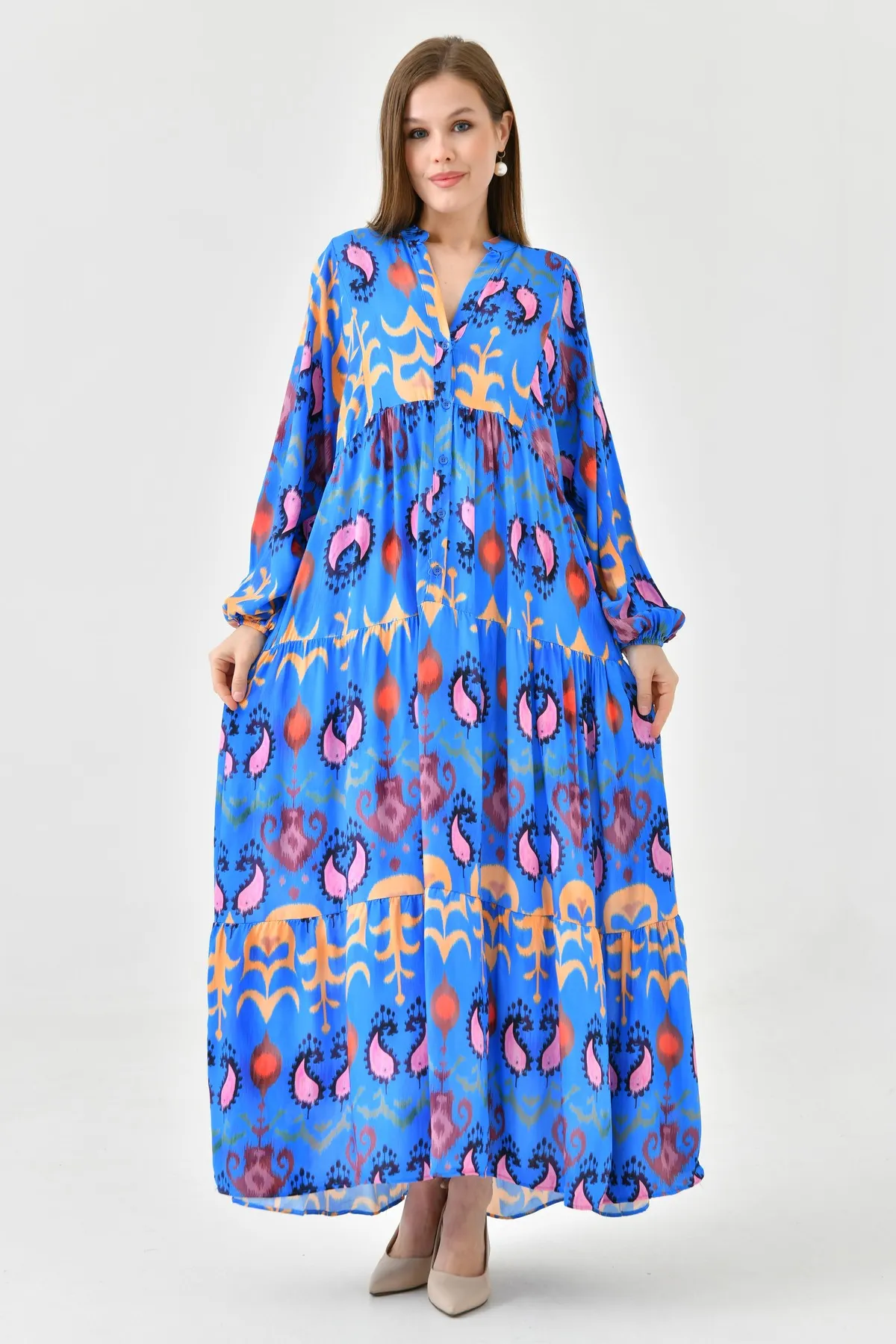 lovebox  Ethnisch gemustertes, geknöpftes, vorherrschender Kragen, Ballonärmel, Midi-Länge, weit ausgestellter Schnitt, blaues Sommerkleid 036