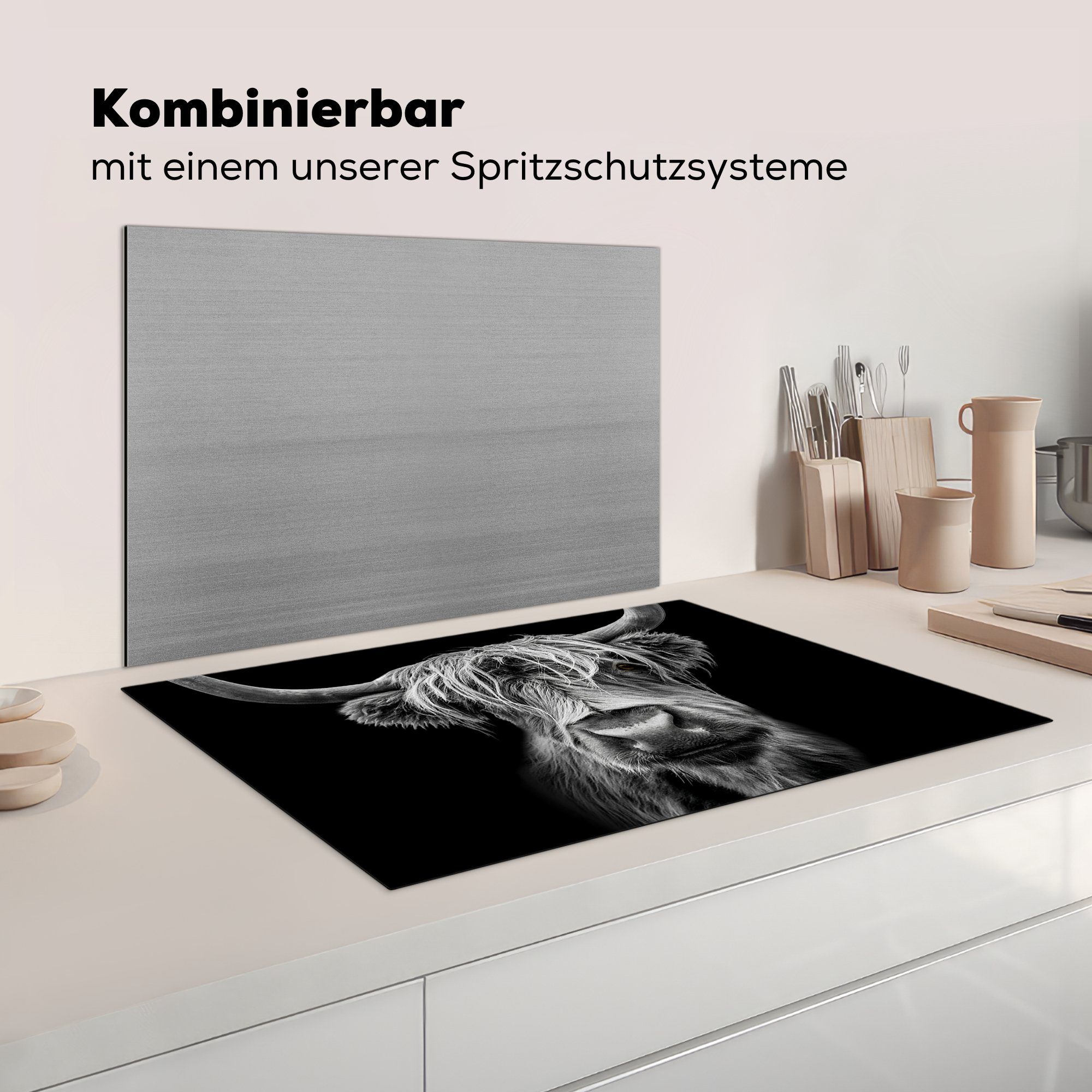 MuchoWow Herdblende-/Abdeckplatte Schottischer Highlander - Hörner - Schwarz - Weiß - Kuh - Wild - Tiere, Vinyl, (1 tlg), 81x52 cm, Induktionskochfeld Schutz für die küche, Ceranfeldabdeckung