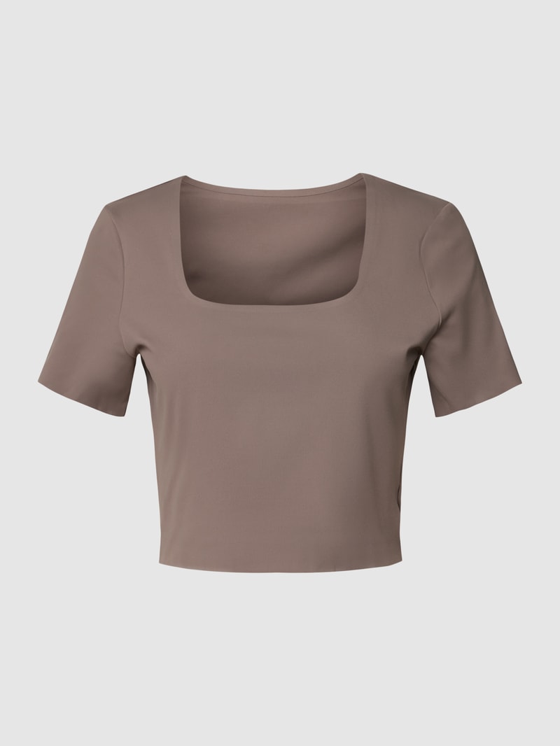 Cropped T-Shirt mit Label-Print in dunkelbraun