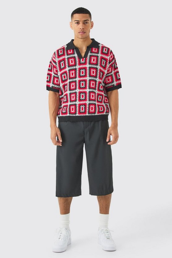 Kurzärmliges kastiges gehäkeltes Poloshirt in Rot