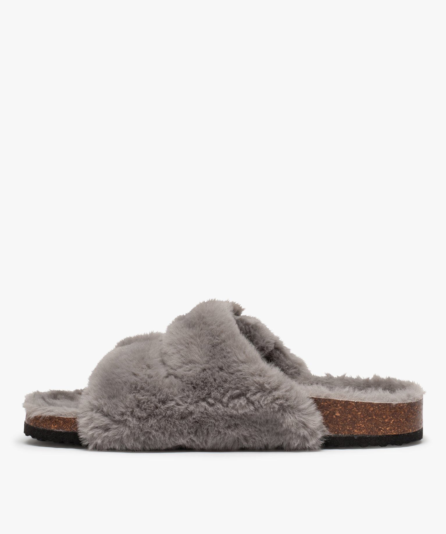 Chaussons femme mules à larges brides en textile peluche gris | GEMO