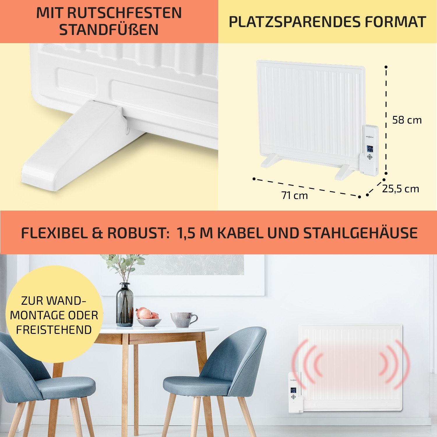 ONECONCEPT Heizstrahler Wallander, 600 W, Ölradiator Thermostat Radiator elektrisch energiesparend Heizkörper