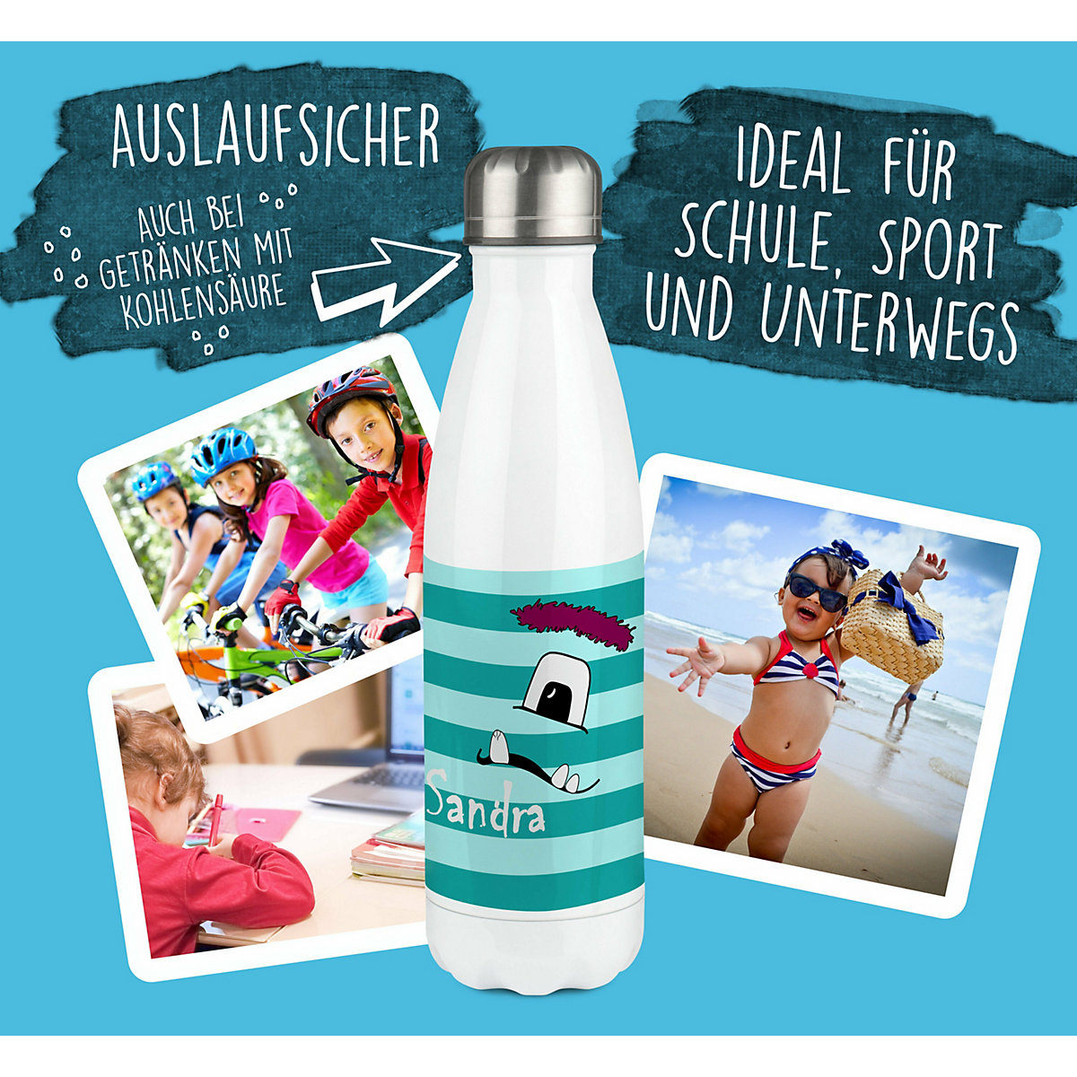 Edelstahl Kinder Thermoflasche / Trinkflasche bunt Monster Streifen Farbe türkis Spülmaschinenfest, Auslaufsicher, Bruchfest, Doppelwandig, Für Heißgetränke geeignet, Mit Deckel, Isoliert