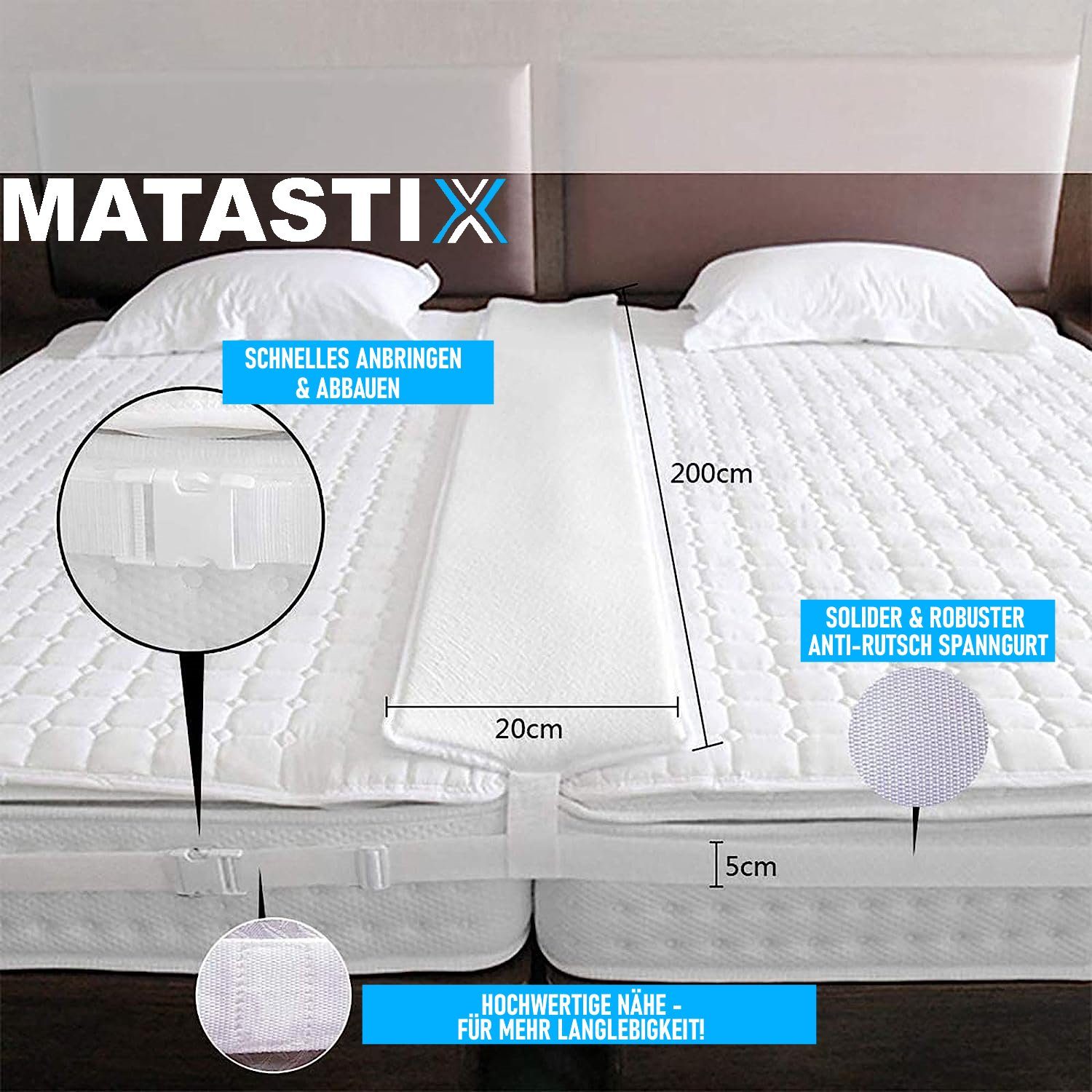 Matratzenkeil MATASTIX Liebesbrücke für Matratzen mit Spanngurt Matratzenverbinder MAVURA, Ritzenfüller Doppelbettbrücke 200x20cm