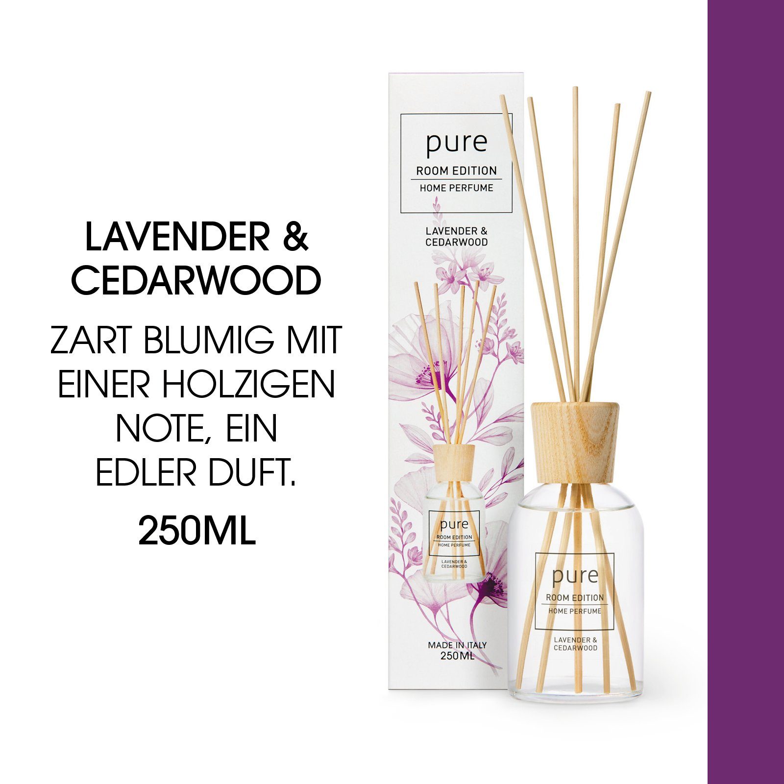 PURE ROOM EDITION Raumduft 250 ml (1 x 250 ml Lavendel & Zedernholz Raumduft + 5 Duftstäbchen)