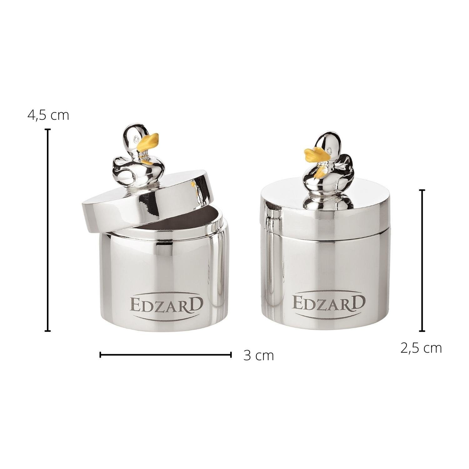 EDZARD Zahndose Ente (2er-Set), Aufbewahrungs-Dose für Schmuck, Milchzähne, Accessoires, versilbert und anlaufgeschützt, Durchmessser 3 cm