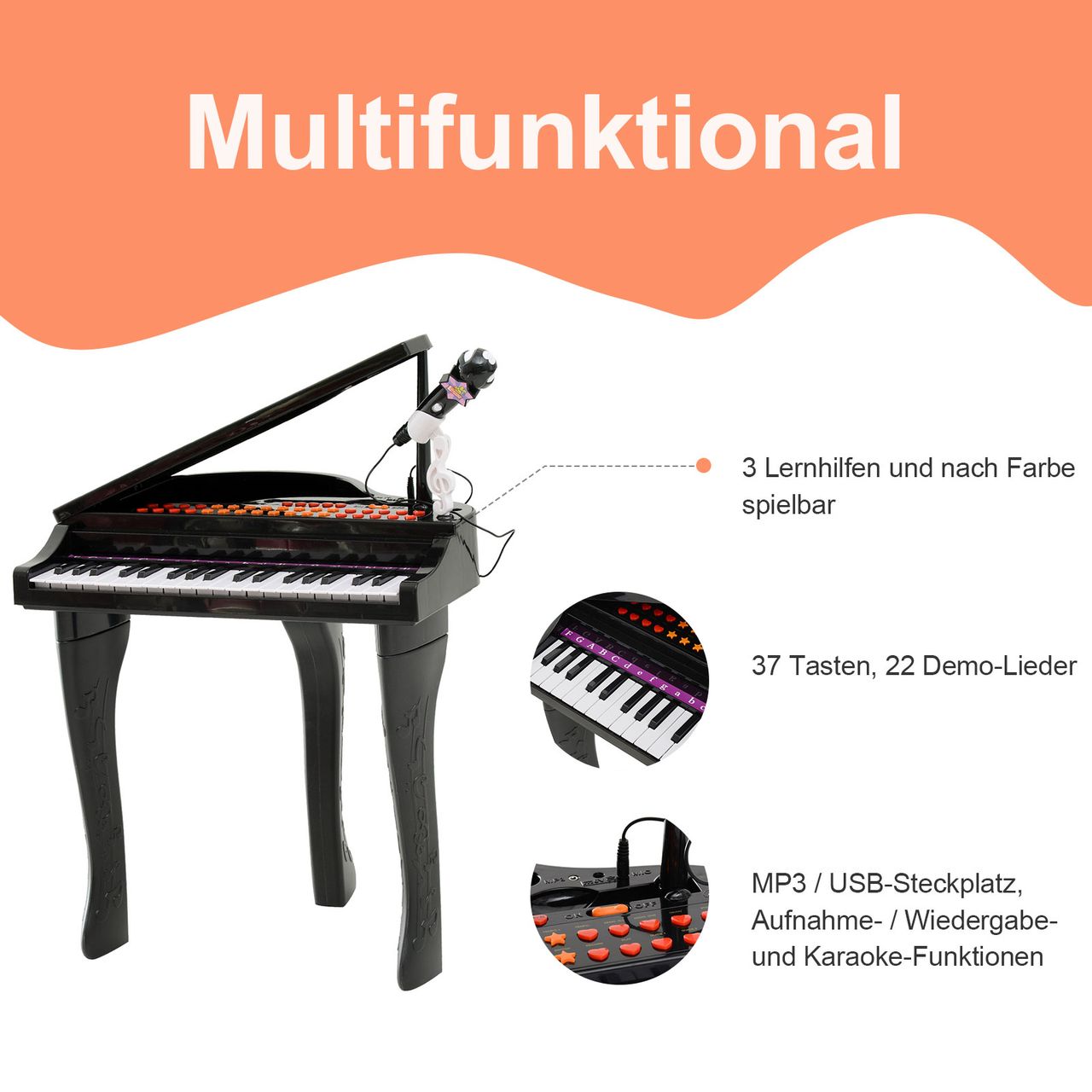 HOMCOM Kinder Klavier Mini-Klavier Piano Keyboard Musikinstrument MP3 mit Hocker