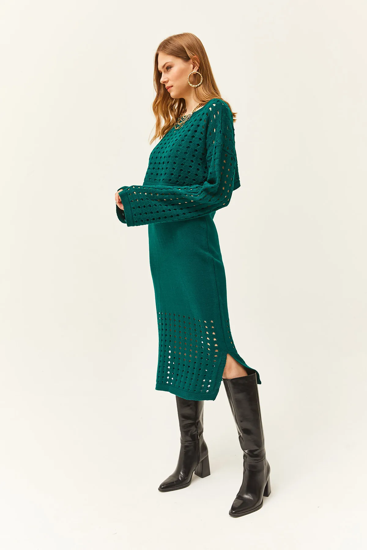 Olalook  Smaragdgrünes Oberteil mit durchbrochenem Pullover und unterem durchbrochenem Kleid aus Strickwaren-Set TKM-19000246