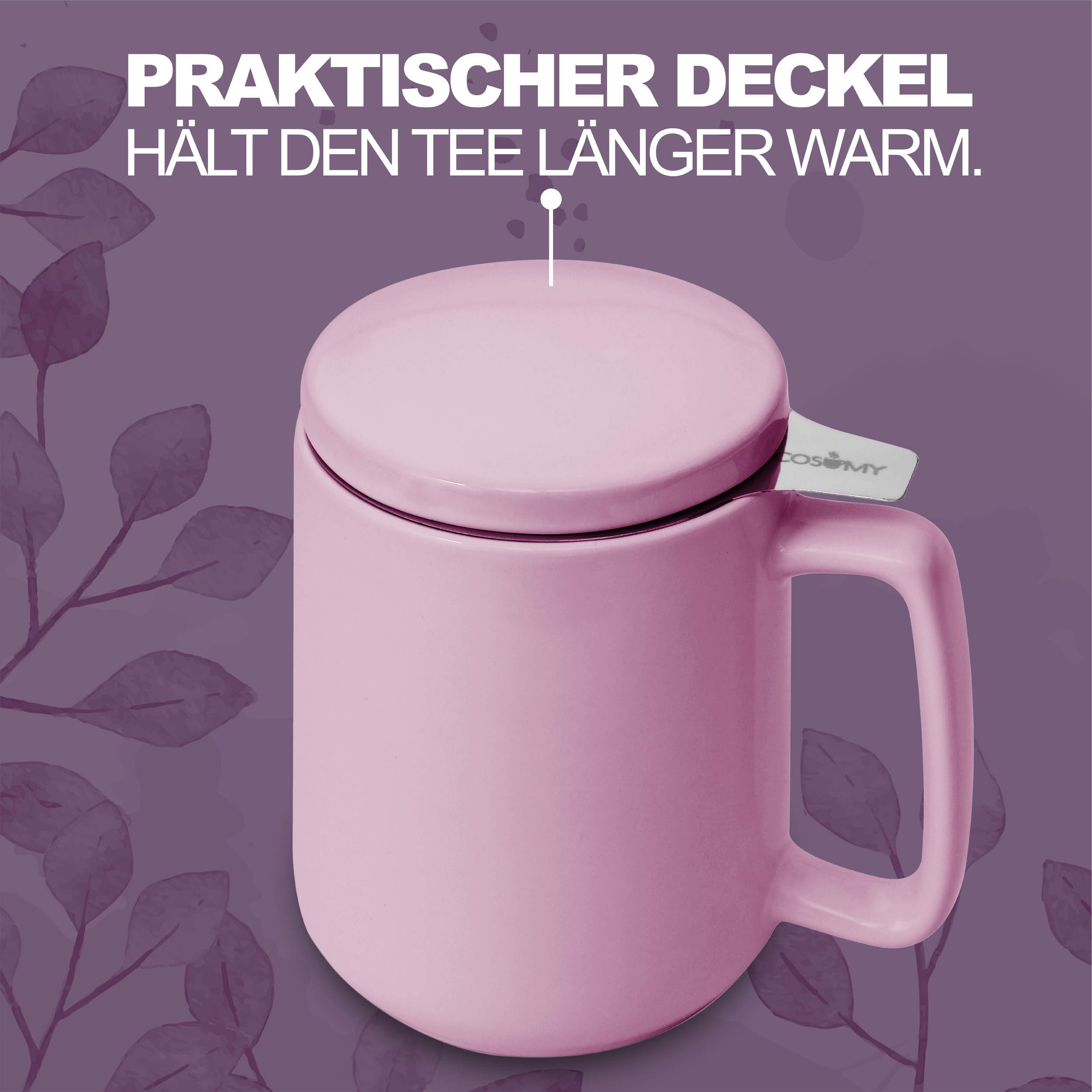 Cosumy Teeglas Teetasse mit Sieb und Deckel 500ml - Jumbotasse, Porzellan, Hält Lange warm - 500 ml XXL Groß - Spülmaschinenfest