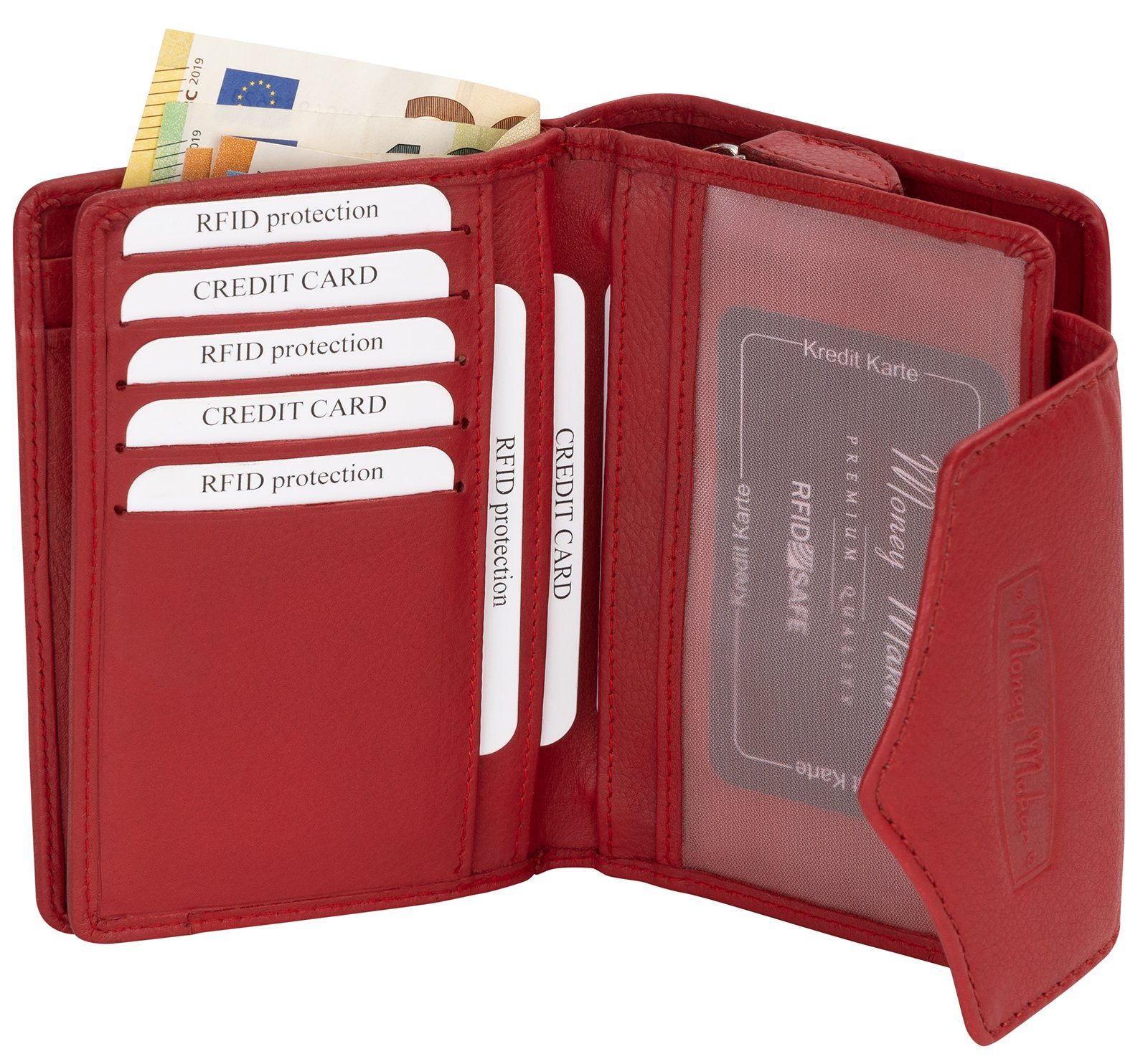 Money Maker Kellnerbörse RFID Damen Geldbörse Portemonnaie Geldbeutel Damenbörse Leder Rot, Damen Geldbörse klappbar mit Drückknopf Portemonnaie Geldbeutel