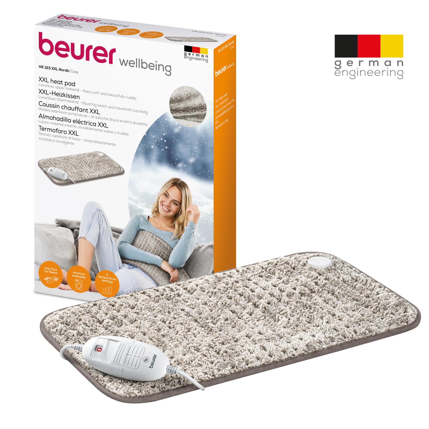 Beurer HK 123 XXL Nordic Taupe Heizkissen-Atmungsaktives Kuschel-Fleece Heizkissen im XXL-Format & 3 Wärmestufen