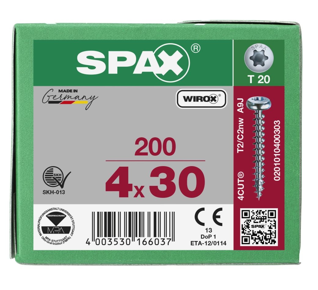 SPAX 0201010400303 Universalschraube 4 x 30 mm, Vollgewinde, Rundkopf, T-STAR plus T20 – 200 Stück