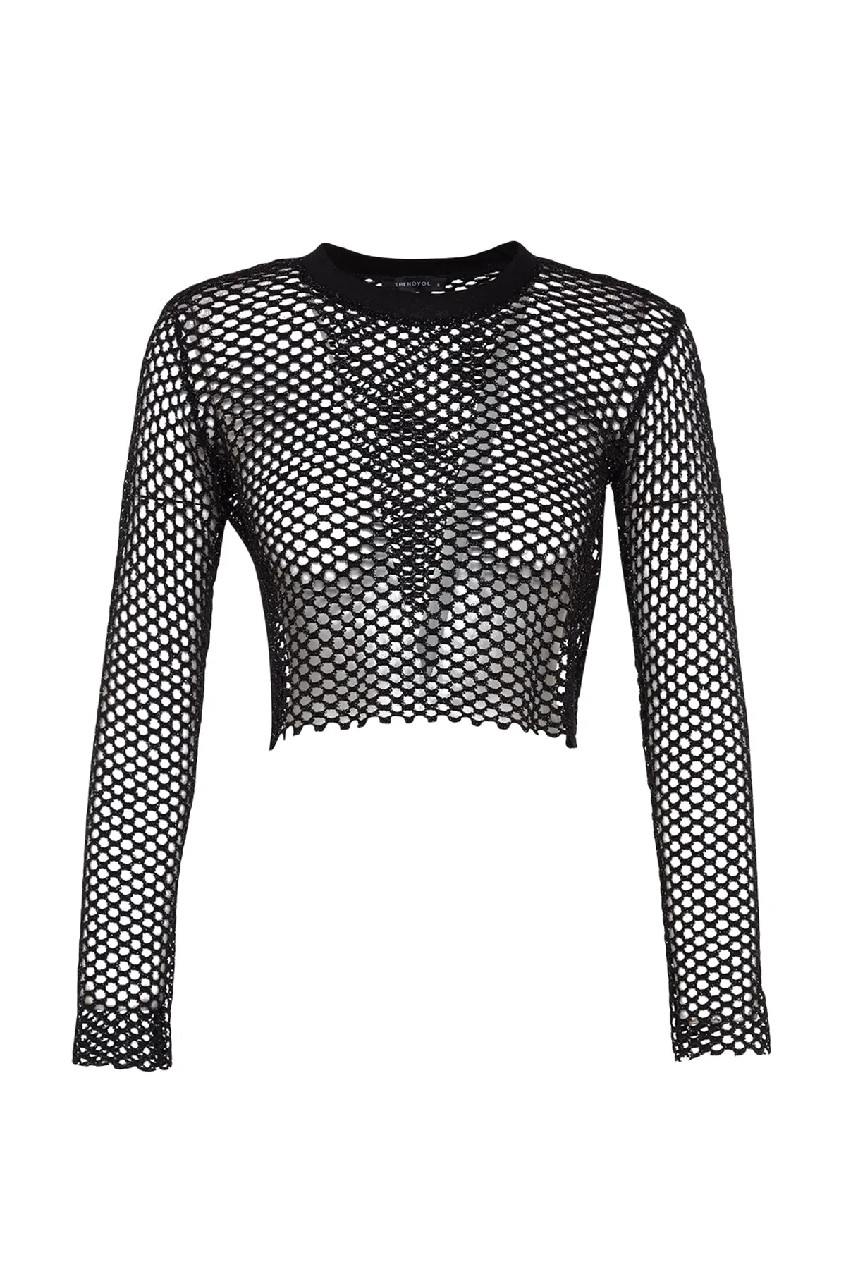 Trendyol Collection  Schwarze, locker geschnittene, bauchfreie Strickbluse aus Lurex-Mesh mit Rundhalsausschnitt TWOSS23BZ00523