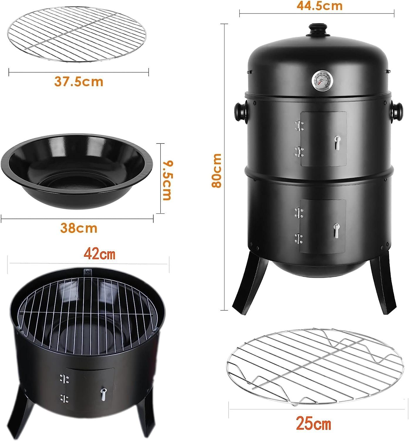 TLGREEN Smoker, Räucherofen, Räuchertonne, Ø44,5x80 cm, 3-in-1 Holzkohlegrill
