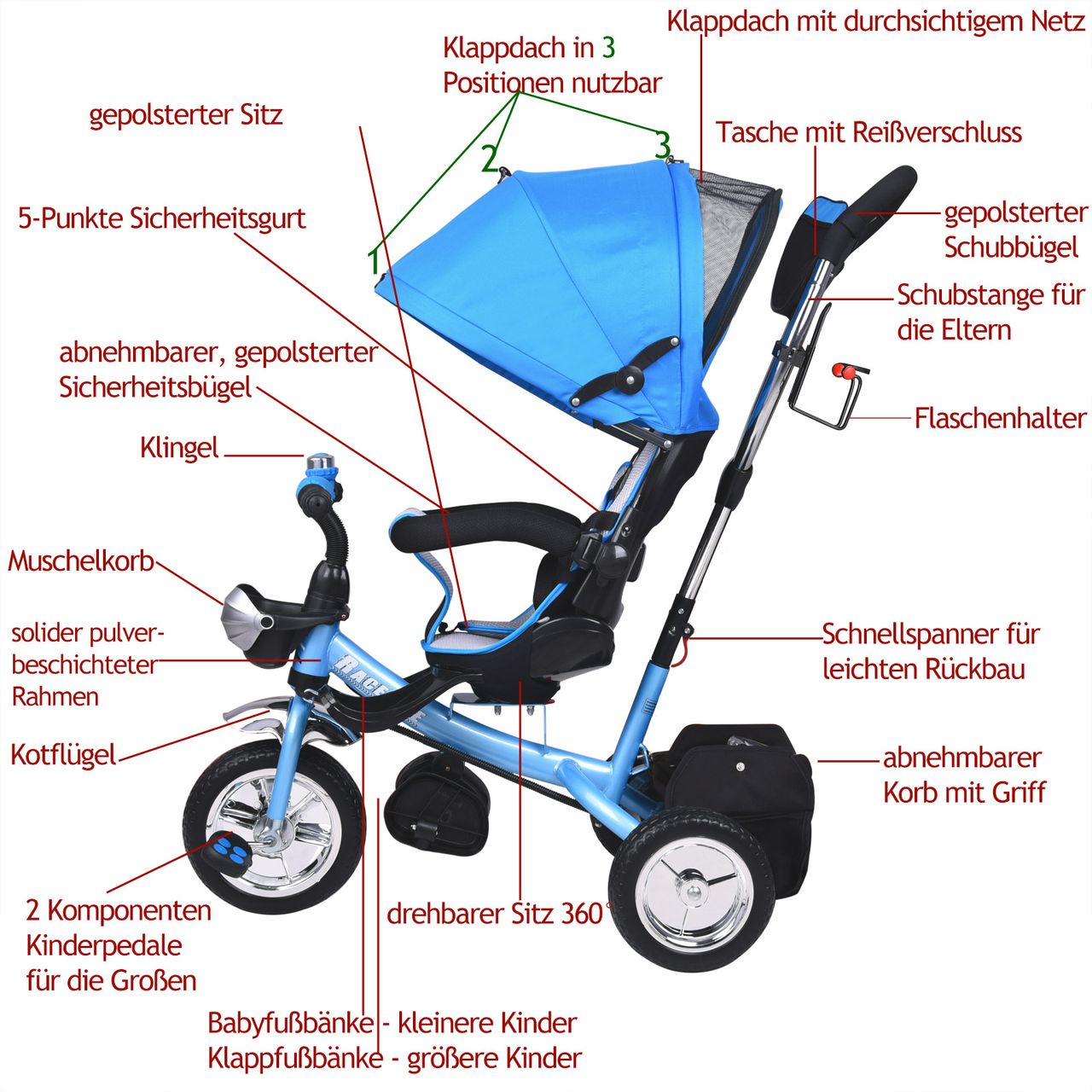 Spielwerk Multifunktionales Kinderdreirad Blau/rosa