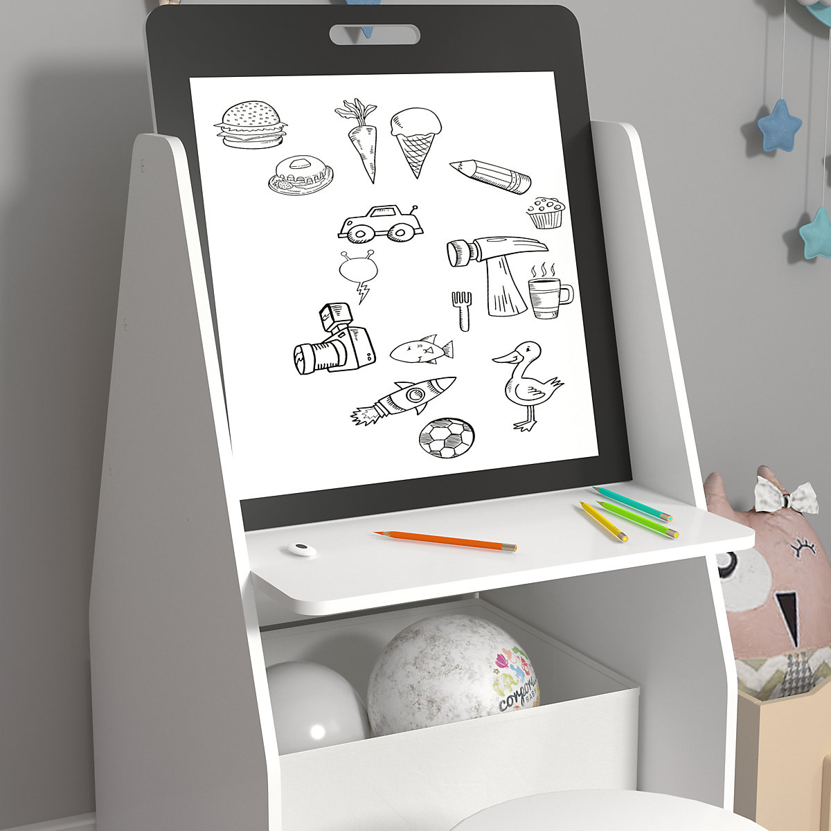 Kindertisch mit Maltafel Ferrol Kinderarbeitstisch mit Hocker 88x51x49 cm Weiß