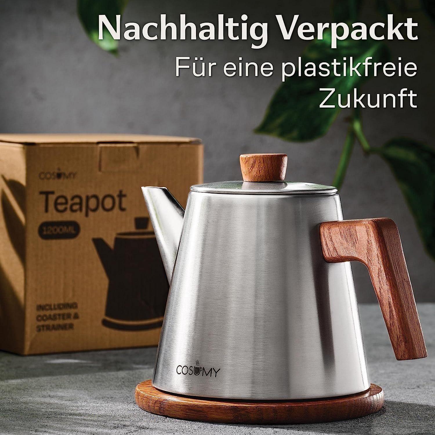 Cosumy Teekanne 1,2 L Mit Siebeinsatz und Untersetzer - Edelstahl & FSC Holz, 1,2 l, (Set), Kanne mit Sieb für Tee - Induktion - Tropffrei - Hält lange warm