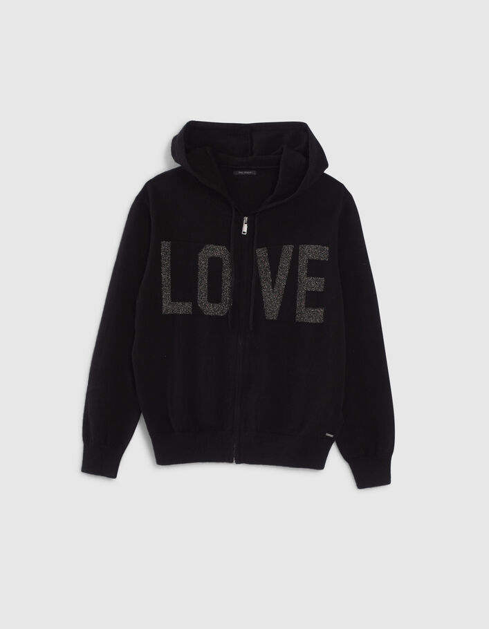 Cardigan noir tricot jacquard message devant dos Femme