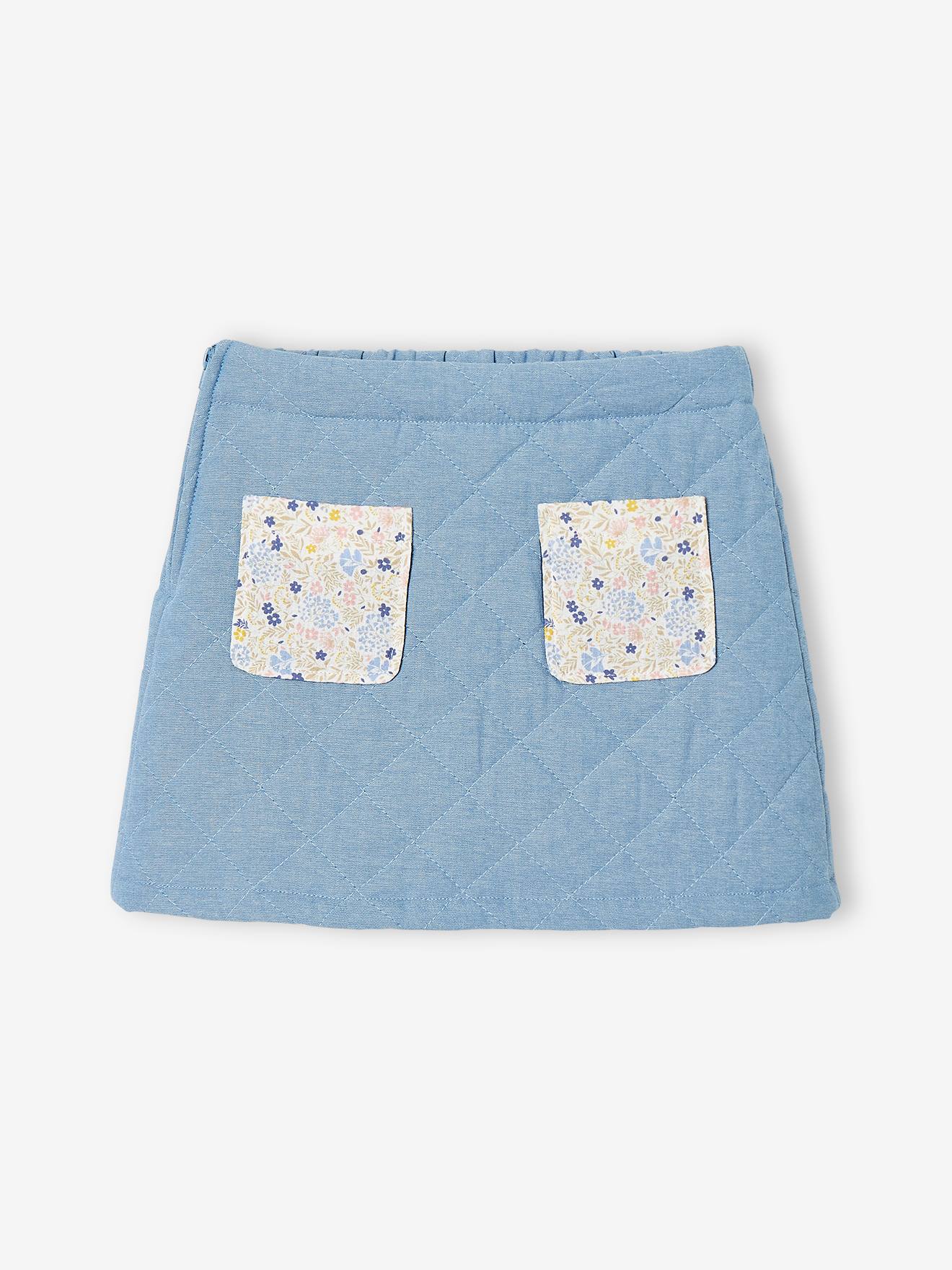 Jupe en denim matelassé fille poches imprimées fleurs double stone